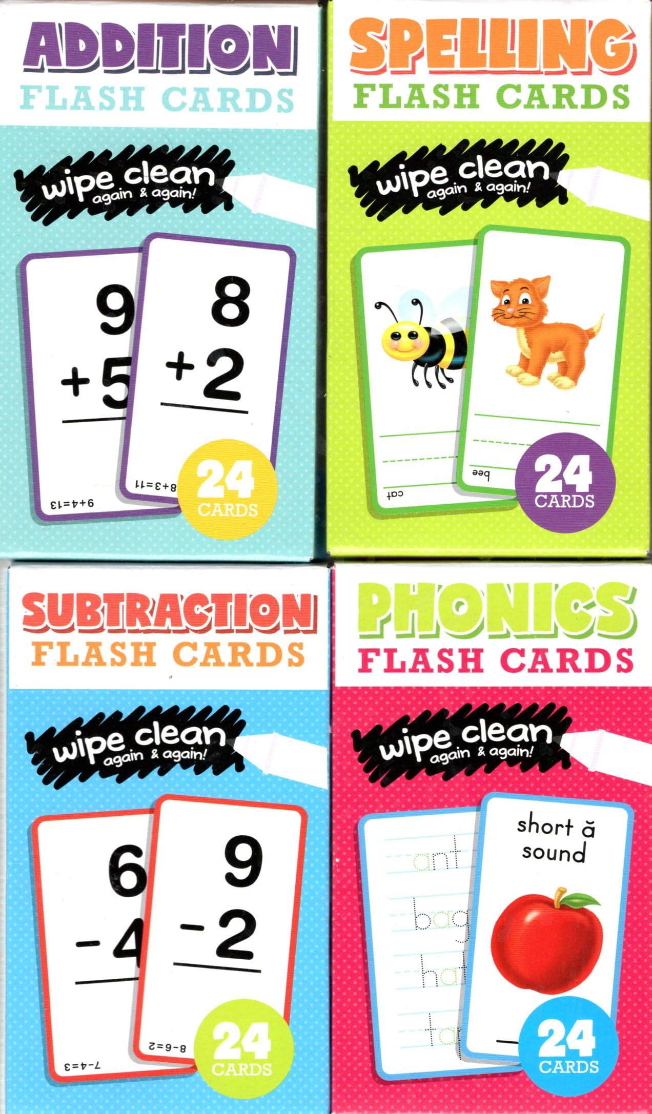 Learning Educational Flash Cards Set - Addition, Spelling, Subtraction, Phonics (4 Pack)