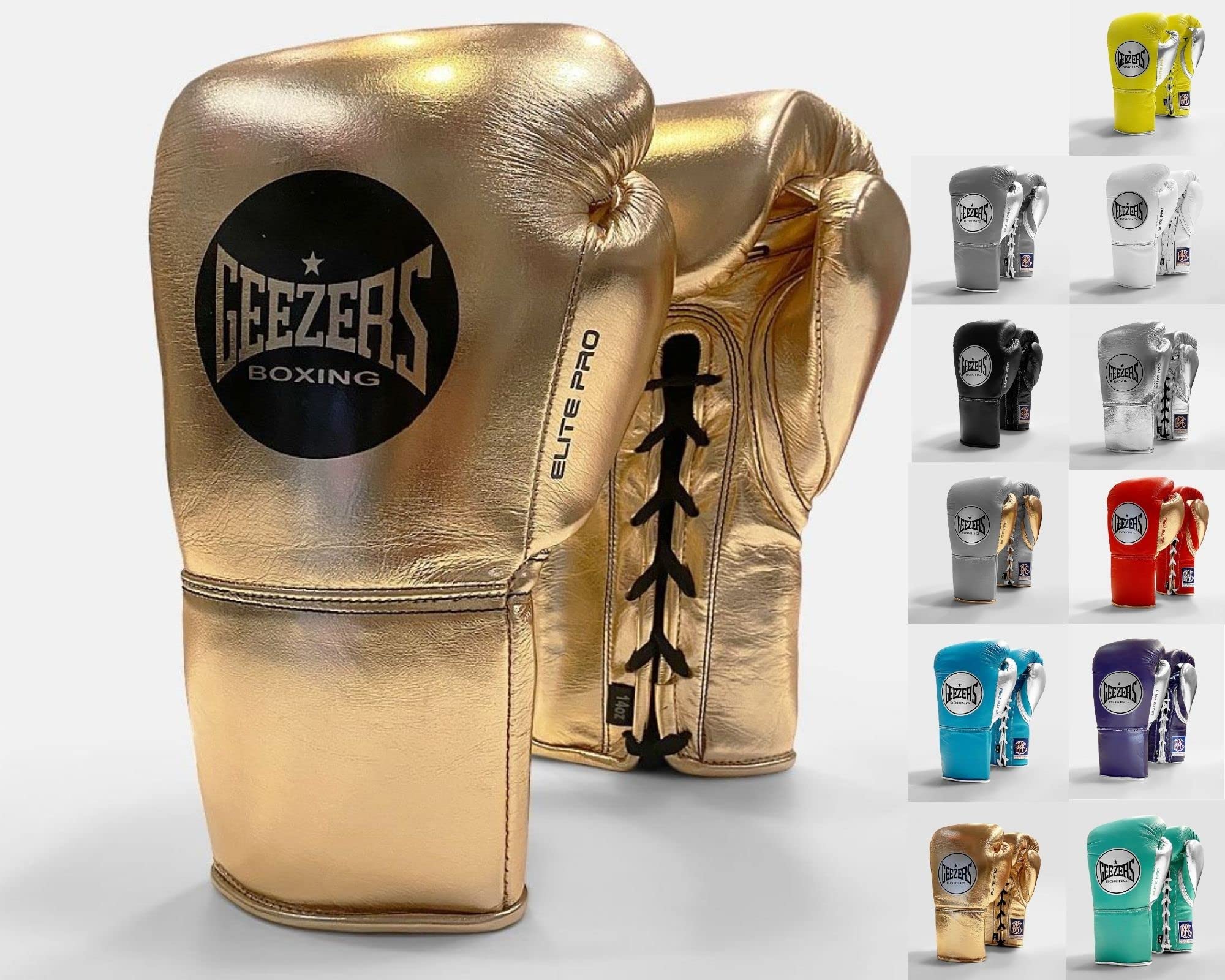 Geezers Elite Pro Special Edition Mens, Womens Fight Boxing gloves, Approved by the BBBofC for all professional fights (Gold, 8oz)