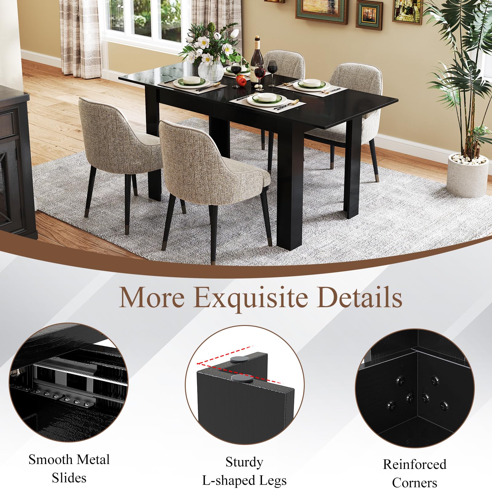 LIFEZEAL Tavolo da Pranzo Allungabile, 158x70cm per 4-8 Persone, Tavolo da Cucina, da Sala da Pranzo, Estensibile, Moderno, in Legno, Ampio Piano, Gambe a Forma di L, Montaggio Facile, Max 110kg, Nero