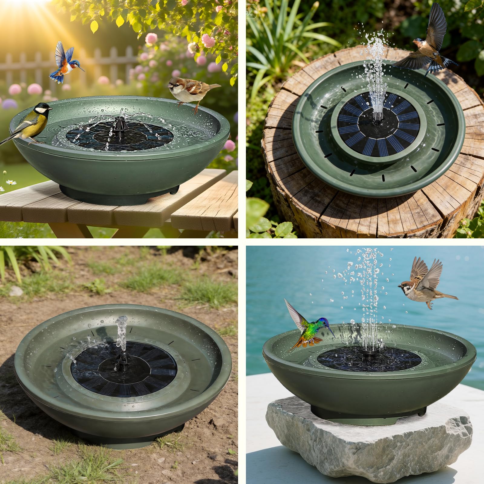 Fuente solar para pájaros para exteriores, 12.5 pulgadas, fuente verde para pájaros con 6 boquillas, cuenco independiente para jugar pájaros para jardín, patio, balcón, decoración de