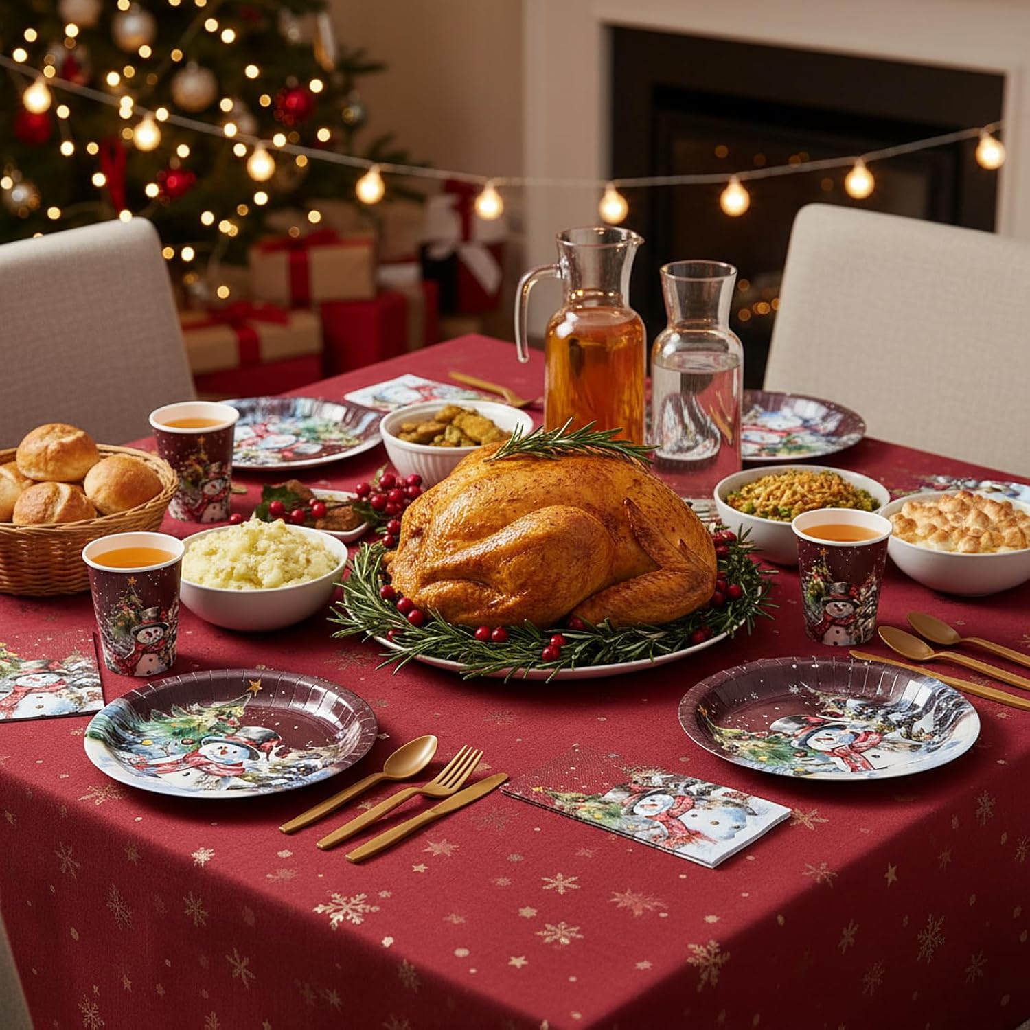 300 Pcs Christmas Party Supplies Paper Dinnerware Set for 50 Guests Christmas Oval Paper Plates and Napkins Disposable Cups Knives Forks Spoons Xmas Tableware Party Decor (Xmas Snowman) - Image 5