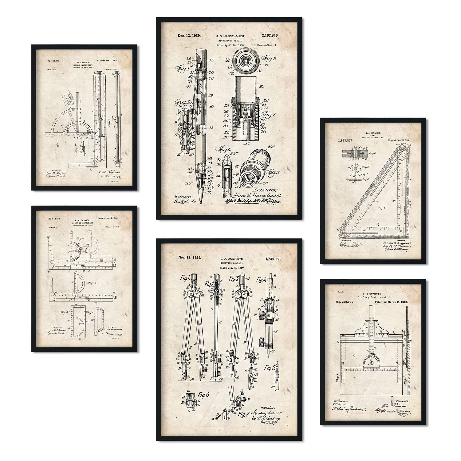 Nacnic Set di 6 poster di brevetti Strumento di misurazione. Poster con illustrazioni di brevetti retrò per la tua casa. Decorazione interna in stile vintage. Dimensioni A4 e A3. Senza cornice.