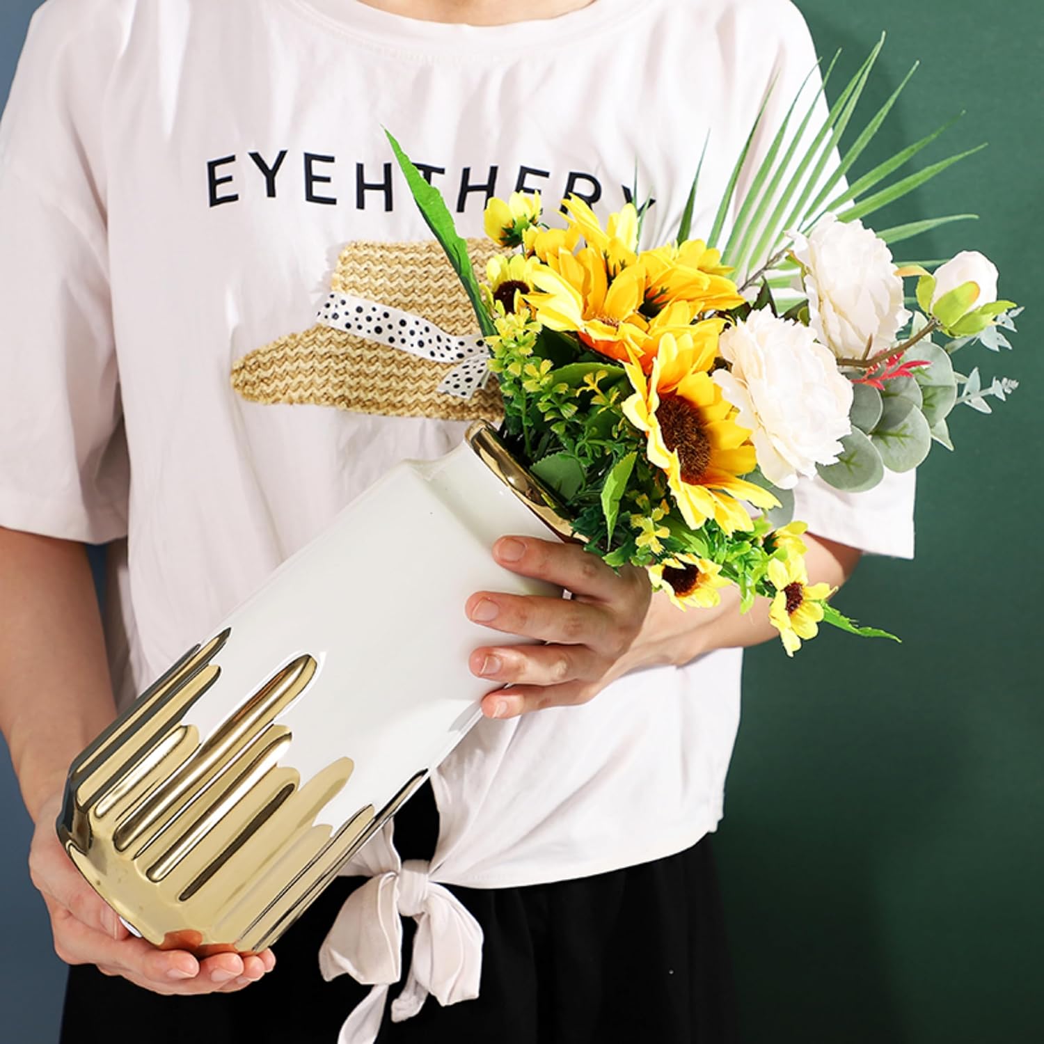 White Vase ins Ceramic Template Room Living Room Decor Home Hydroponic Flower Electric Gold Plated White Ornament (Medium)