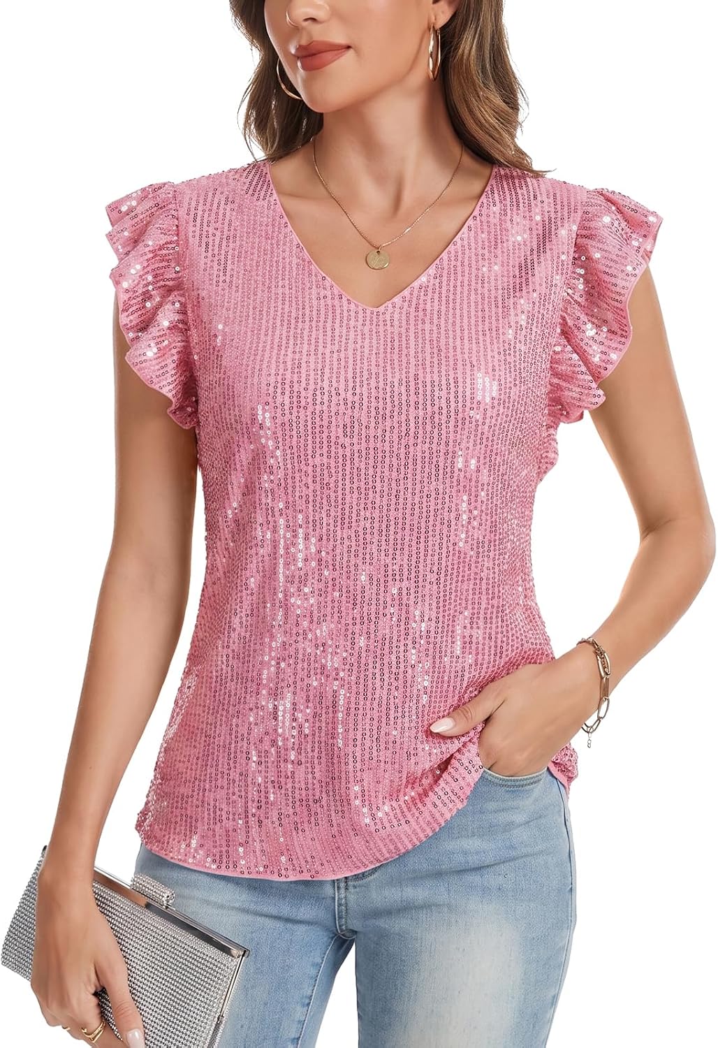 MINTLIMIT Sequin Top for Women Night Out V Neck Cap Sleeve Sparkly Shirts