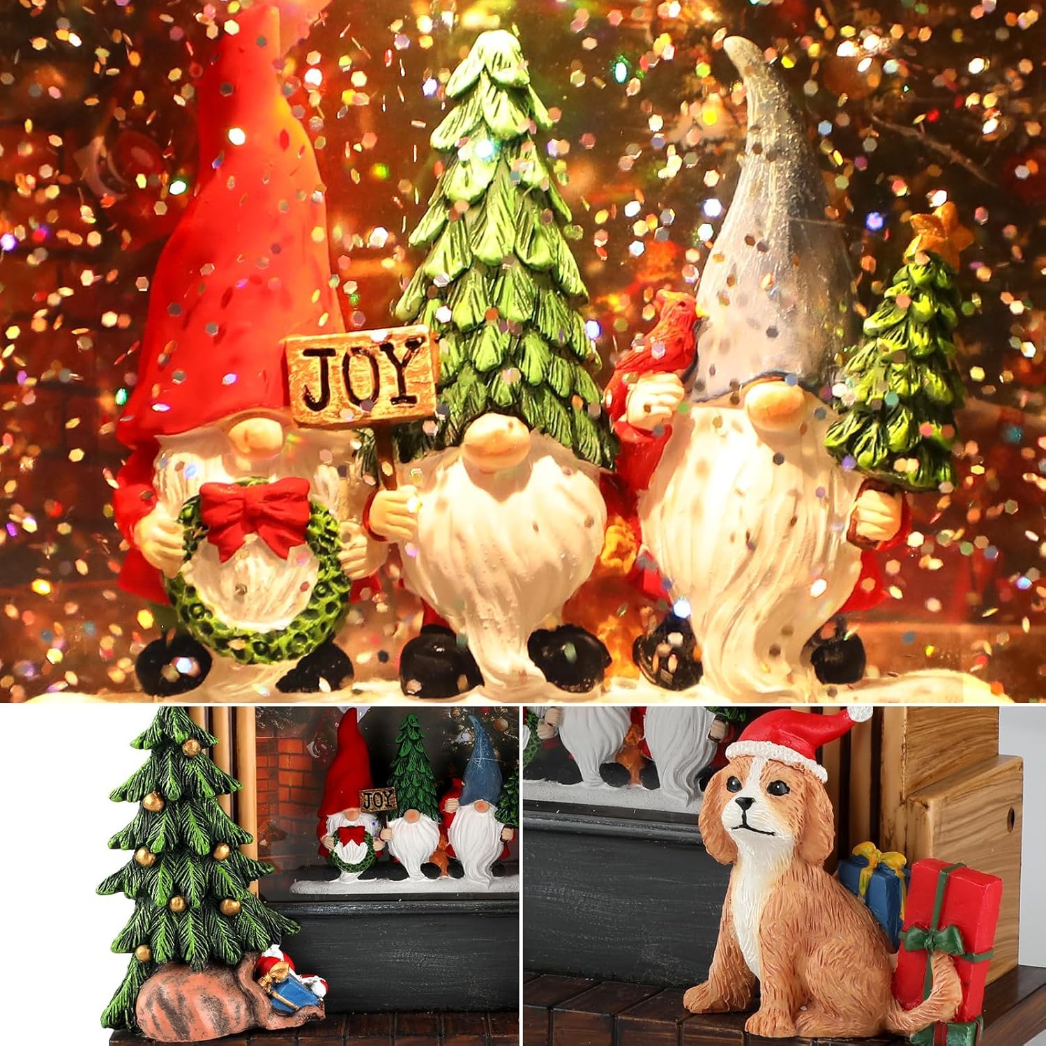 Christmas Snow Globes with 6H Timer, Lighted Musical Snow Globe Gnomes and Dog Fireplaces Lantern with Swirling Glitter, USB & Battery Operated Spinning Glitter Snow Globe Christmas Decorations Gifts - Image 2