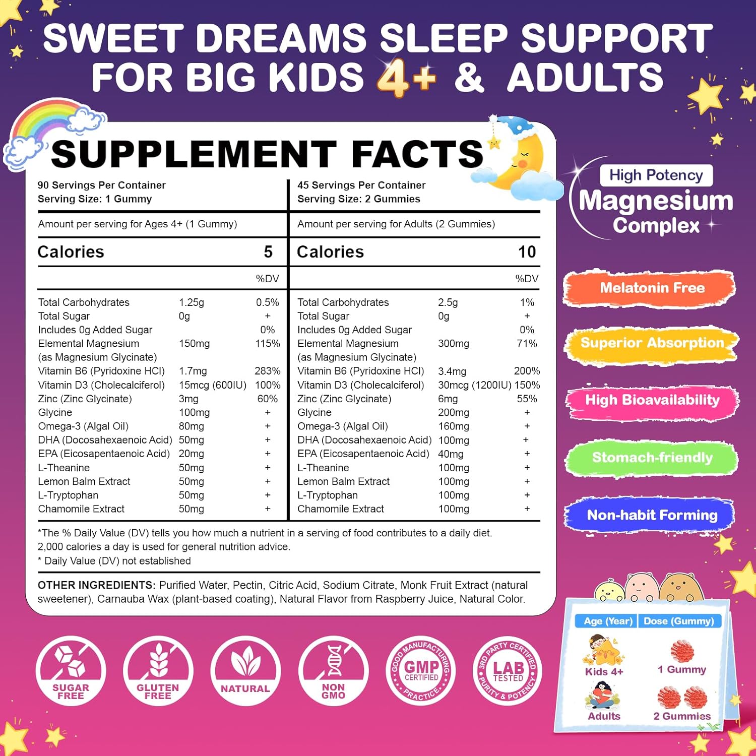Magnesium Glycinate Gummies for Kids & Adults, 90 Counts No Melatonin Magnesium Gummies for Sleep & Calm, Sugar Free Vegan with Glycine, L-Theanine, B6, D3, Zinc & Omega 3 - Raspberry Flavor - Image 4