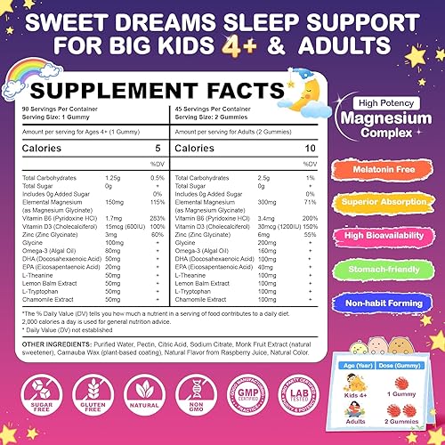 Miniatura 4 de 90 gomitas de glicinato de magnesio para niños y adultos, sin melatonina para dormir y calmar, gomitas de magnesio veganas sin azúcar con glicina,