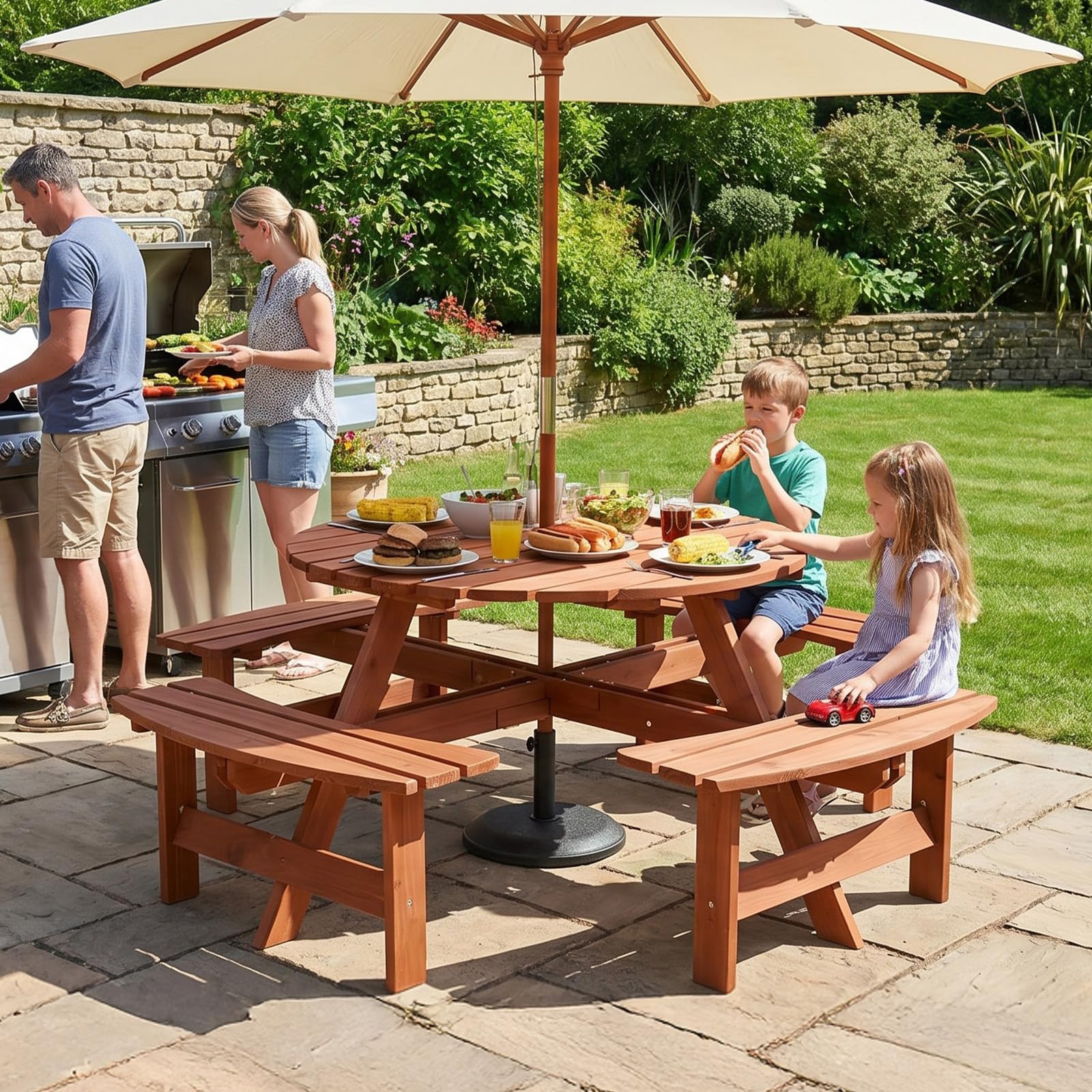 VINLGI Picknicktisch Set für 8 Personen,Biertischgarnitur Holz mit 4 Bänken & Schirmloch, Gartenmöbel Set Wetterfest,Esssets Terrasse, Hof, Garten&Veranda (Rund&Dunkelbraun)