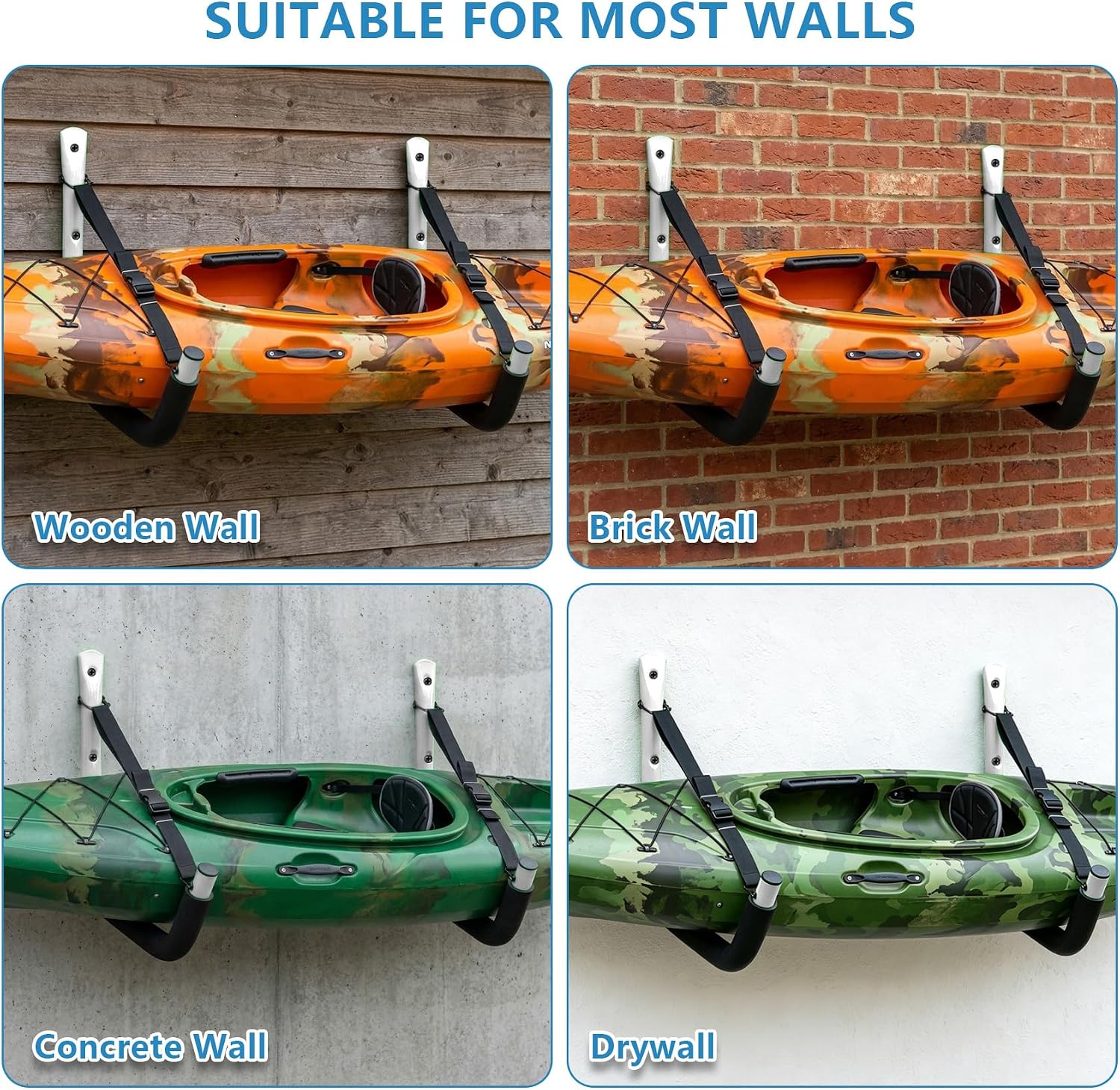 4 Pack Kayak Storage Rack, 15 Inch Kayak Rack for Garage, Kayak Hooks for Garage Wall with Nylon Straps, Kayak Wall Mount Hangers for Kayaks,Surfboards,Canoes,Snowboards,Tools (Multiple Colors)