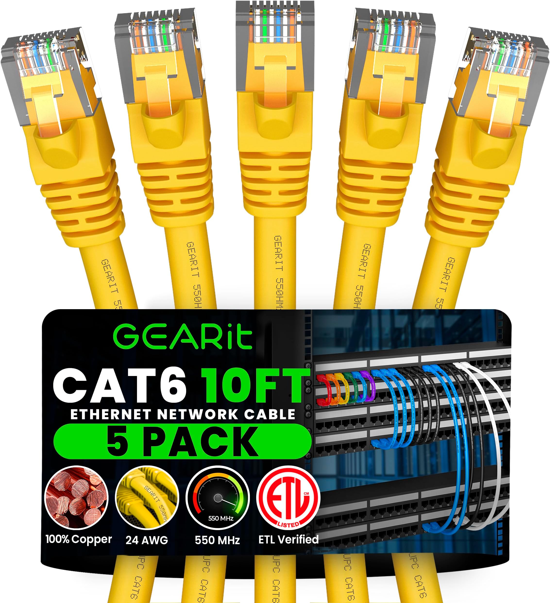 Cat 6 Ethernet Patch Cable 10 ft Yellow (10 Pack) Cat6 Patch Cables 10ft Yellow/Ethernet Patch Cable, 10Gbps 550MHz 24AWG Pure Copper, Snagless, Gold Plated RJ45 for Router, Server, Router, PC