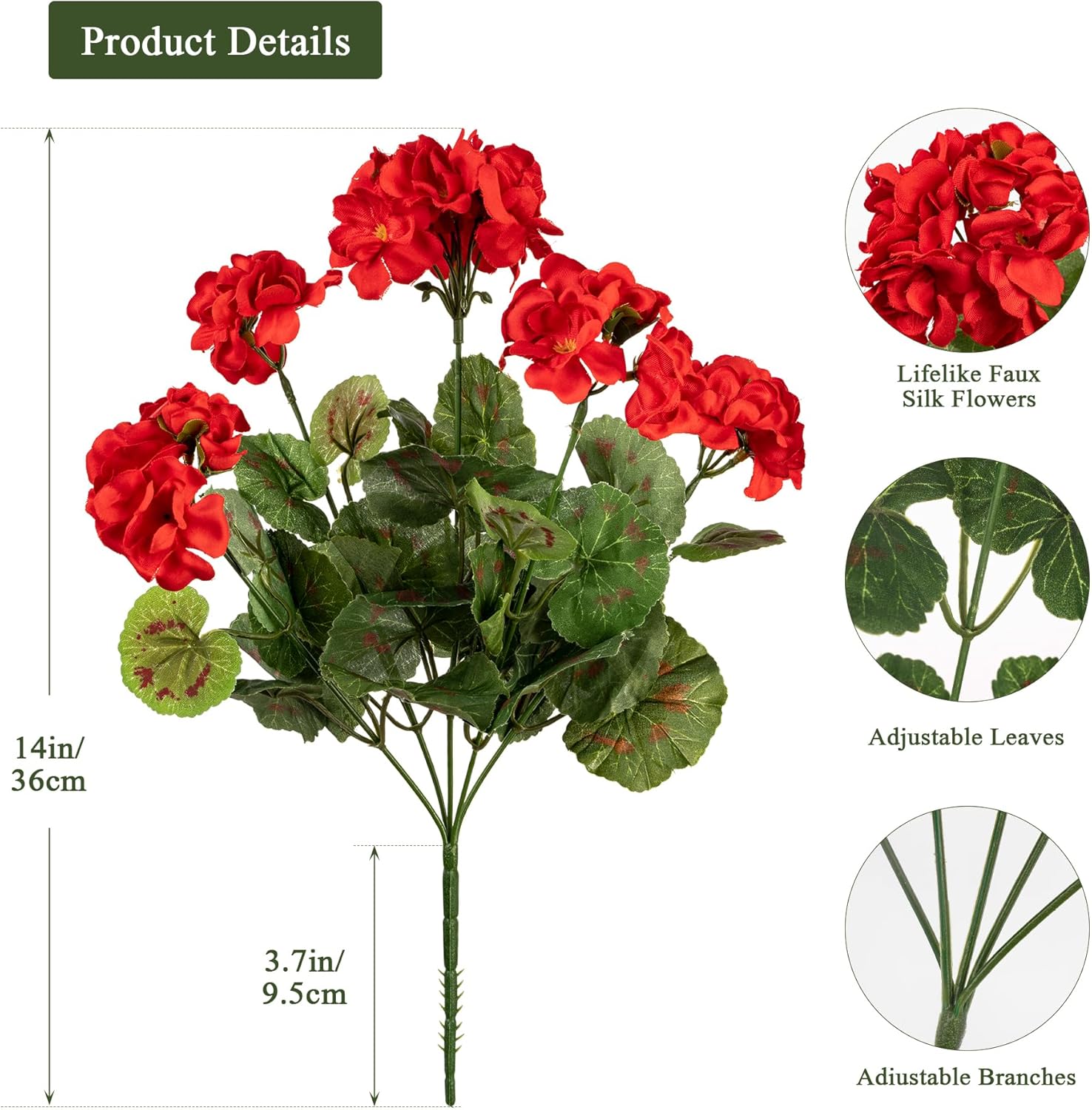 4pcs Fake Flower Artificial Geranium,Artificial Flowers for Outdoors ,Geraniums Artificial Flowers Realistic,Artificial Geraniums for Outdoors Fake Plant Decoration(Red) 14.4" - Image 2