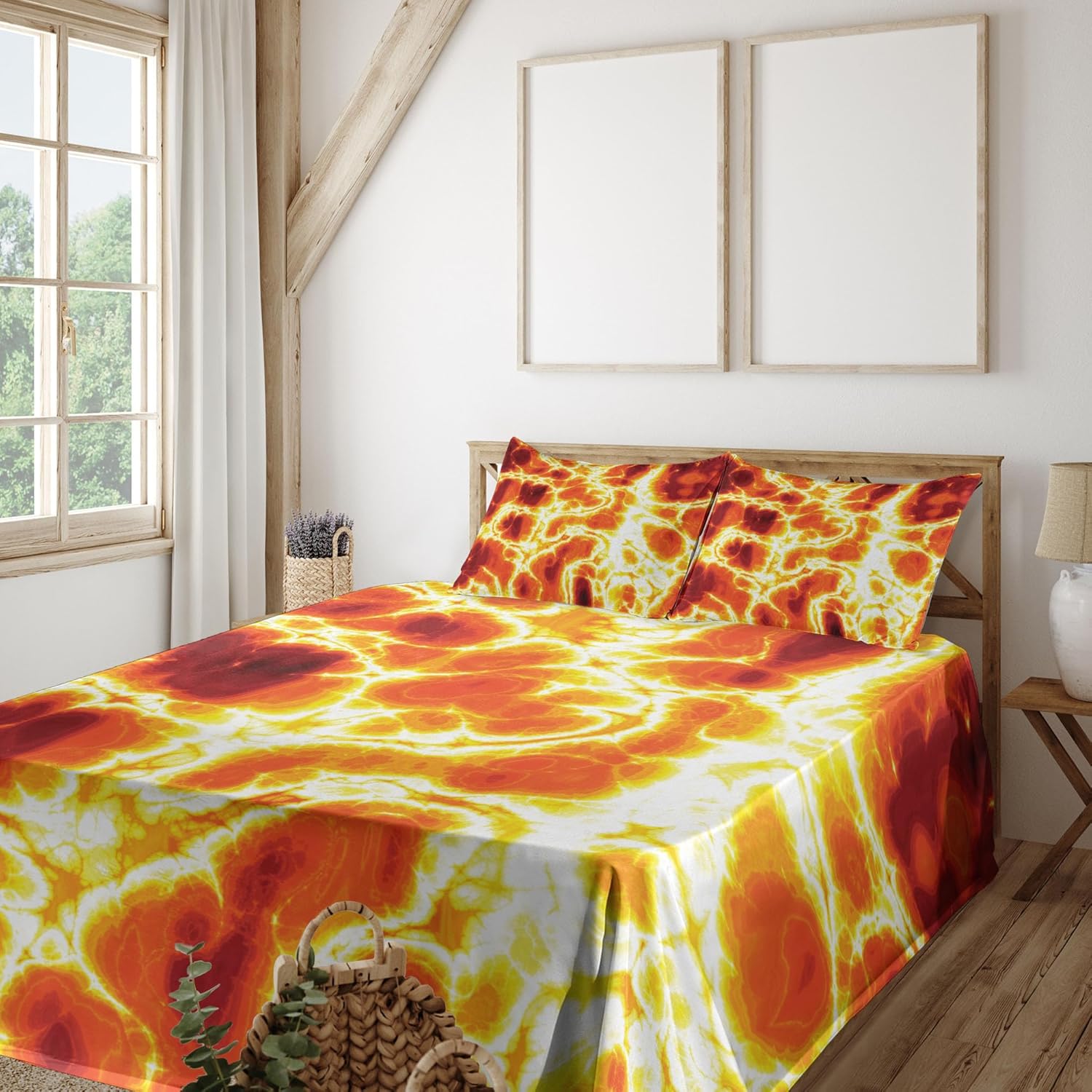 Ambesonne Burnt Orange Sheet Set, Hot Lava Texture Bursting Volcanic Heated Magma Image Warm Colored, Fitted and Flat Sheet with Pillowcase Bedding Accent 4 Piece Set, Full, Yellow Orange