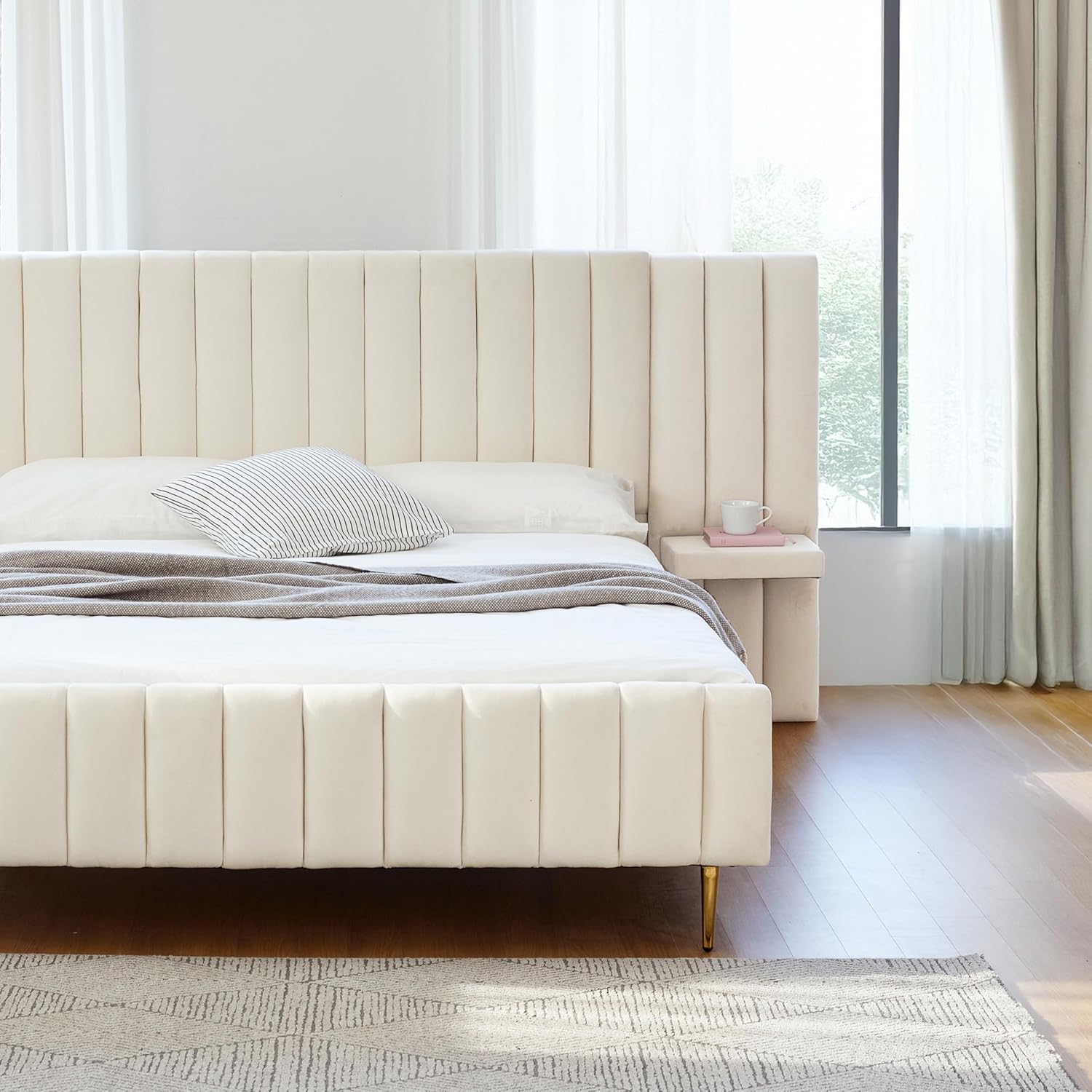 Livinia Queen Size Elton Velvet Platform Bed Set, Upholstered Bed Frame with Vertical Channel Tufted Headboard Footboard with Side Panel Nightstand, No Box Spring Needed, Ivory (Queen)