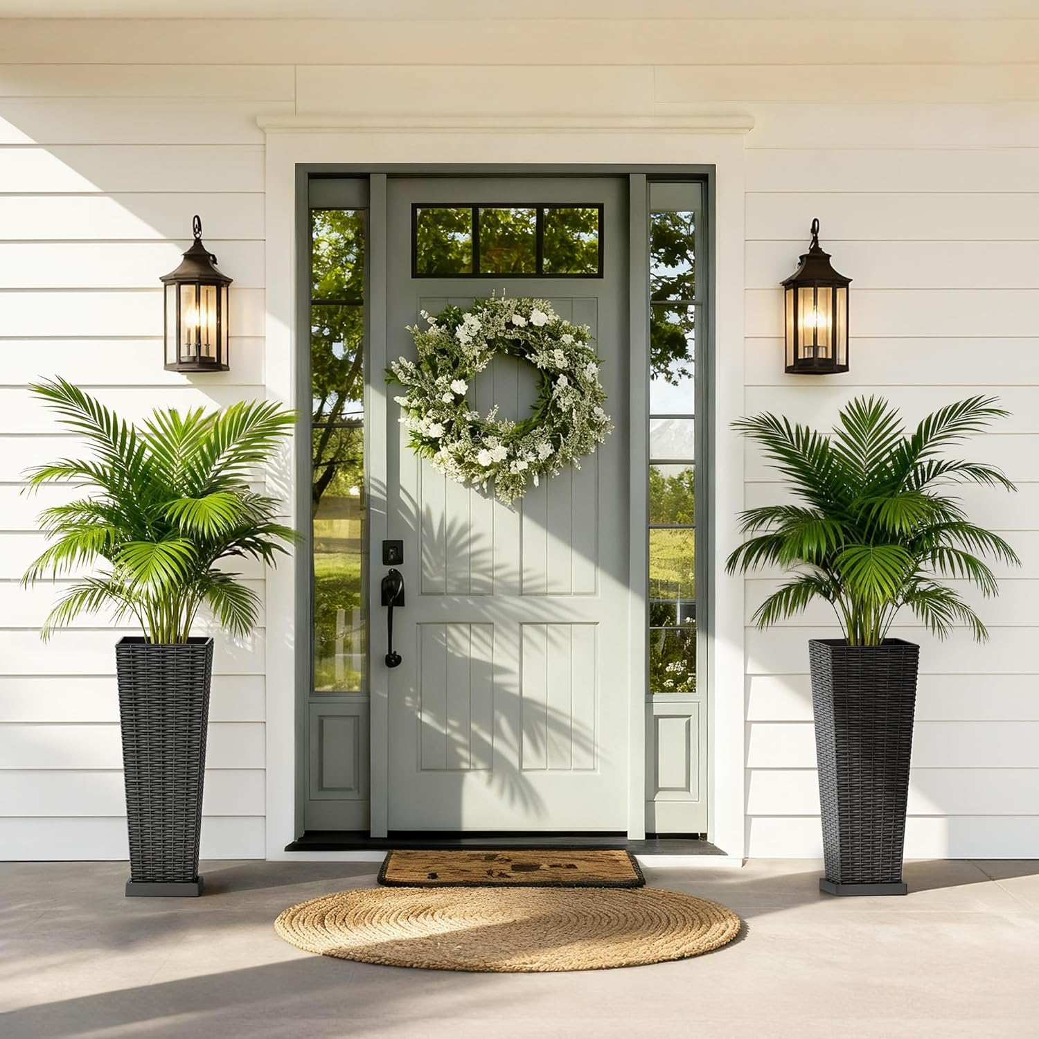 Set of 2 24 Inch Tall Plastic Planters with Drainage Saucers, Rattan Pattern UV Resistant Indoor Outdoor Flower Pots for Patio Garden Balcony Decor, Black