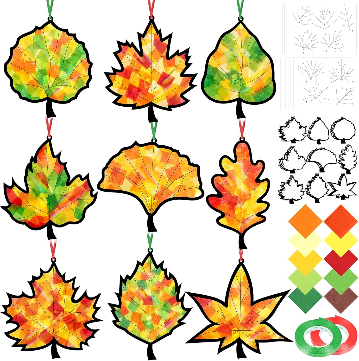 48PCS Fall Crafts Bulk: Leaves Paper Suncatchers DIY Kit for Autumn Thanksgiving Activities Decorations, Window Stained Glass Effect Art Supplies(Black,Style 2)