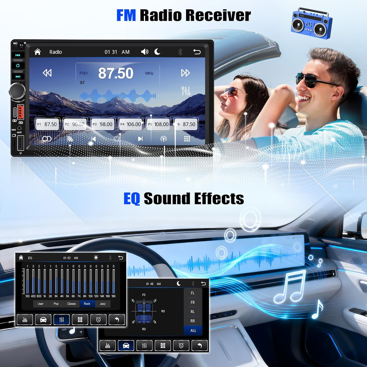 Car stereo display showing FM radio interface with frequency 87.50 MHz and preset stations, along with an EQ settings screen.