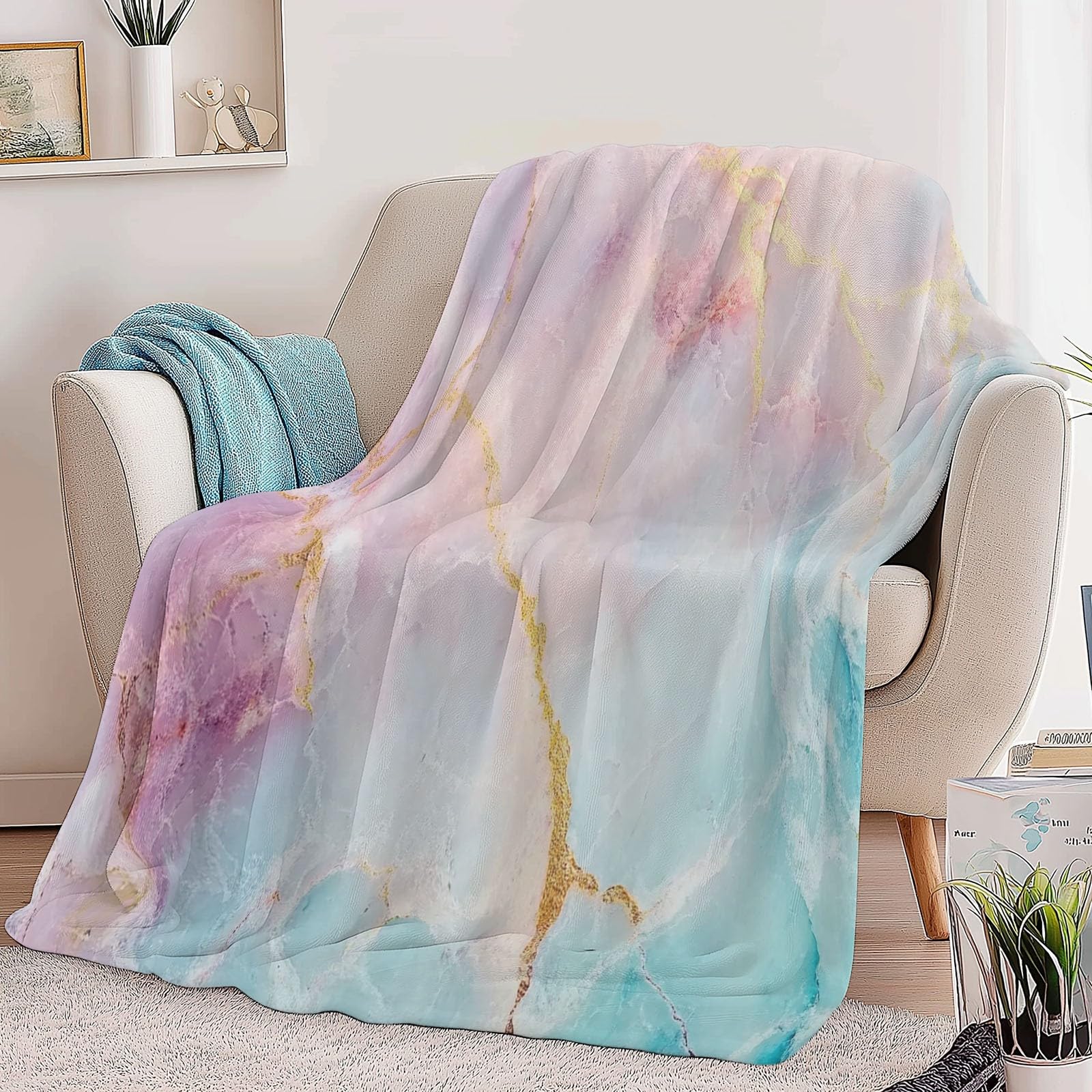 Koc flanelowy 220 x 240 cm, fantastyczny marmurowy koc, puszysty, z mikrofibry, na sofę i łóżko, miękki i ciepły koc flanelowy, pudrowy niebieski