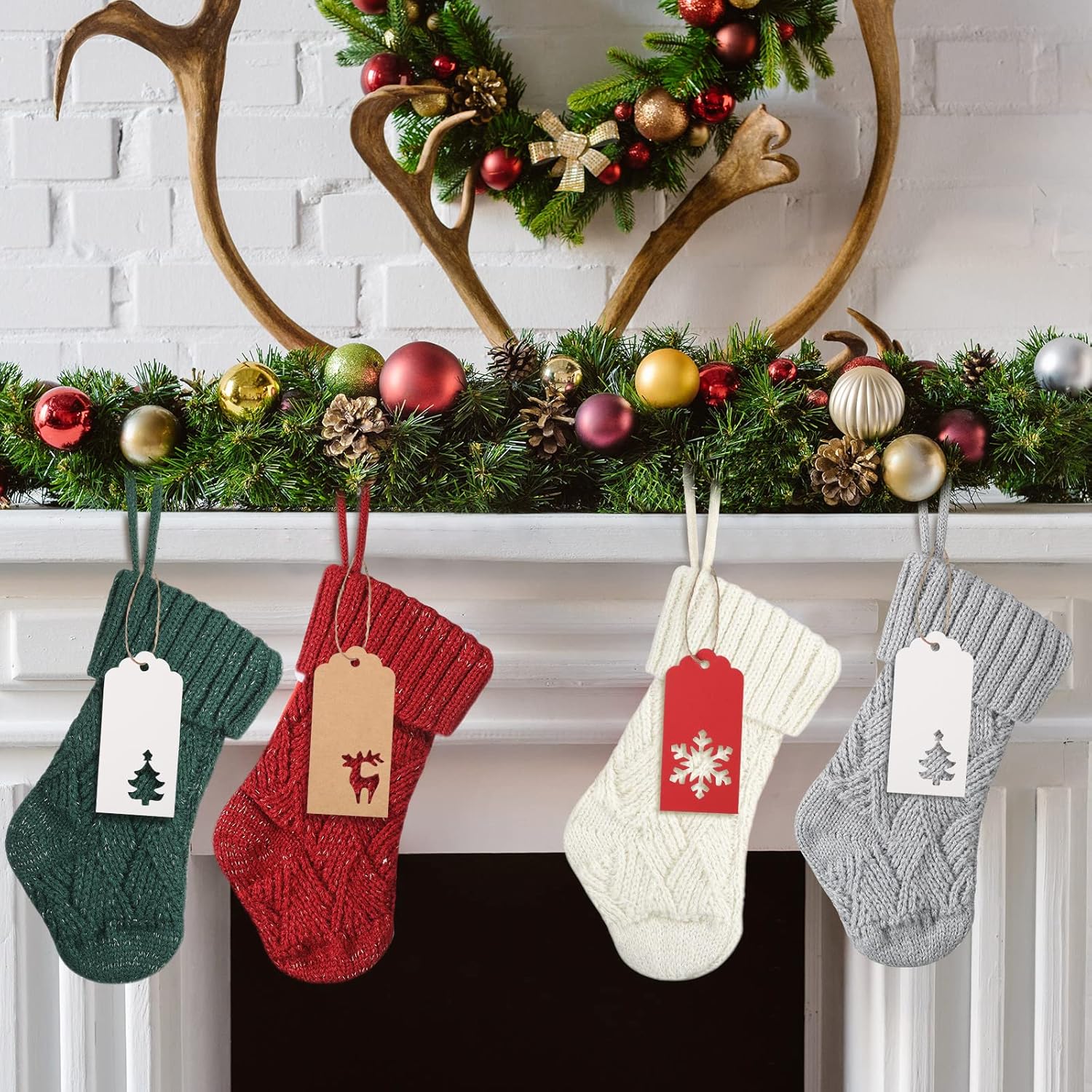 Kathfly 8 Pcs Christmas Mini Stockings 7 Inch Knitted Christmas Stockings with 30 Pcs Name Tags Classic Small Christmas Hanging Stockings for Xmas Family Holiday Party Decor, 4 Colors