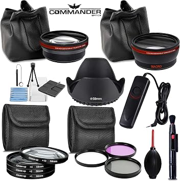 58MM Commander Optics Wide + Telephoto Lens & Filters Accessory Bundle Kit for Canon EOS Rebel DSLR Cameras, 18 Accessories