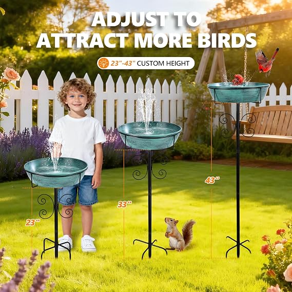 3 Deep 43 Tall Metal Bird Bath for Outdoors, 12 Dia Removable Birdbaths | Water Bowl for Outside, Vintage Standing Bird Baths with Stable Stake for Garden Yard Lawn Decor 1.4 Gallon, Blue-Green