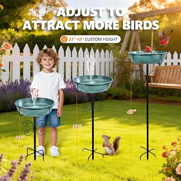 3 Deep 43 Tall Metal Bird Bath for Outdoors, 12 Dia Removable Birdbaths | Water Bowl for Outside, Vintage Standing Bird Baths with Stable Stake for Garden Yard Lawn Decor 1.4 Gallon, Blue-Green