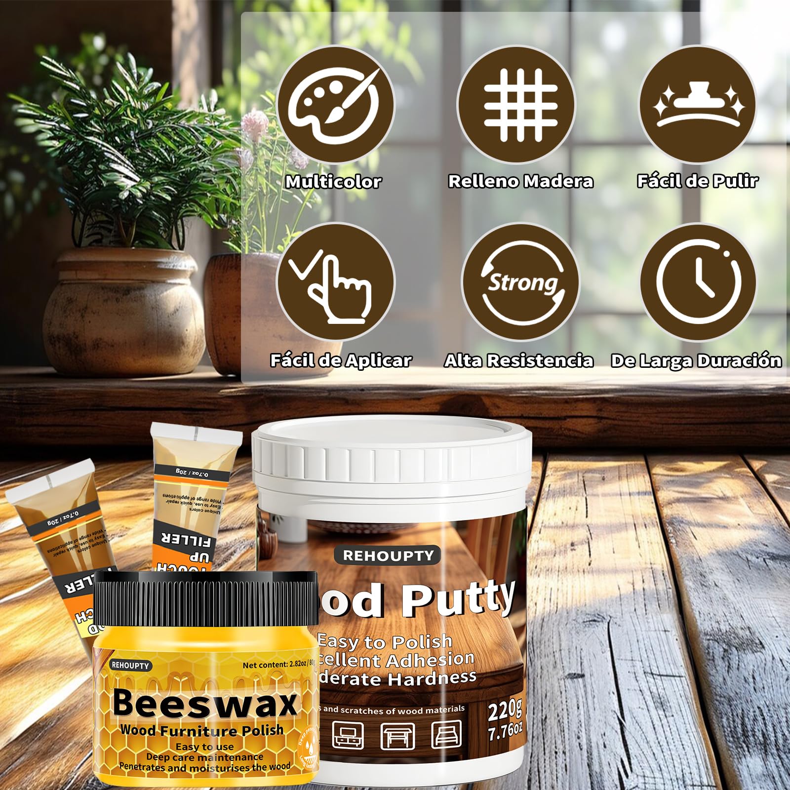 Kit de Reparación de Muebles Incluye Masilla para Madera y 12 Colores de Reparador Madera y Cera de Abejas, Kit Todo en Uno de Reparación de Suelos para Arañazos, Grietas, Manchas, Agujeros