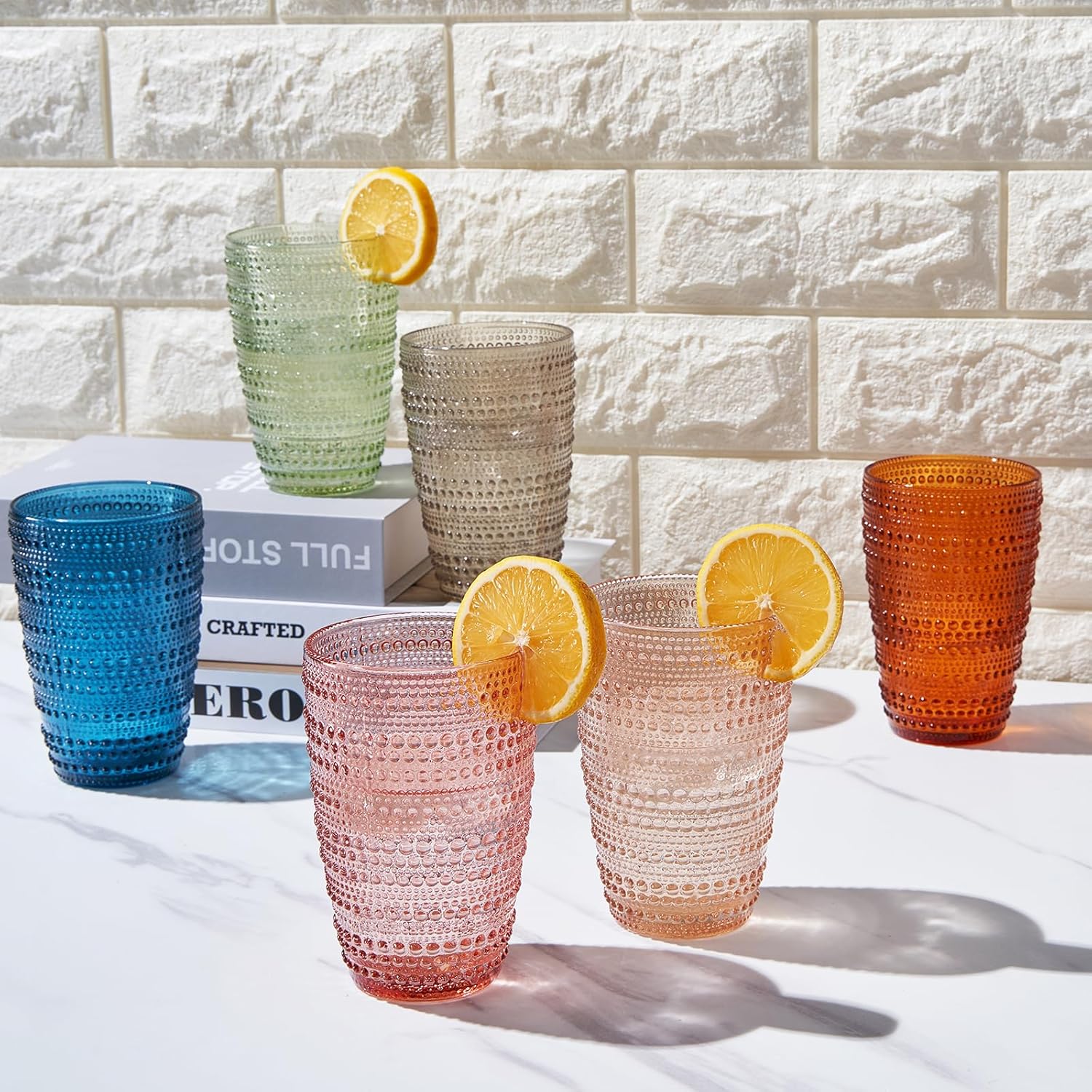Khen Beaded Highball Tumbler Drinking Glasses Set | Set of 6 | Vintage Hobnail Bubble Design Whiskey Glassware, Old-Fashioned, Art Deco Glass for Water, Wine, Cocktail Dishwasher Safe (14.6 OZ)
