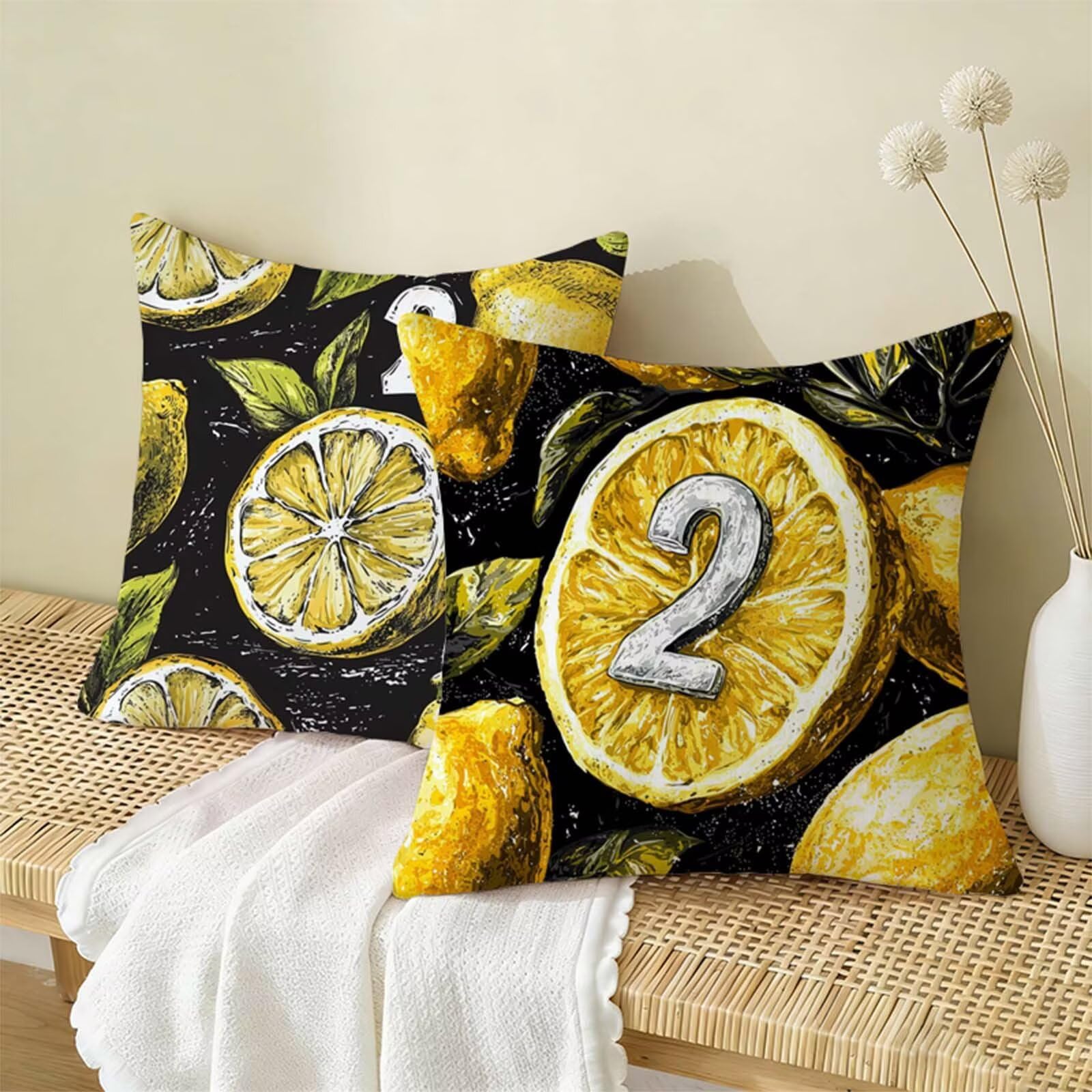 Housse Coussin 80x80 Jaune Lot de 2, Fruit Housse de Coussin Lin, Doux Confort Taies d'oreiller Imperméable Extérieur, Fermeture Éclair, Lavable en Machine, Canapé, Chambre, Fauteuil, Exterieur X-710