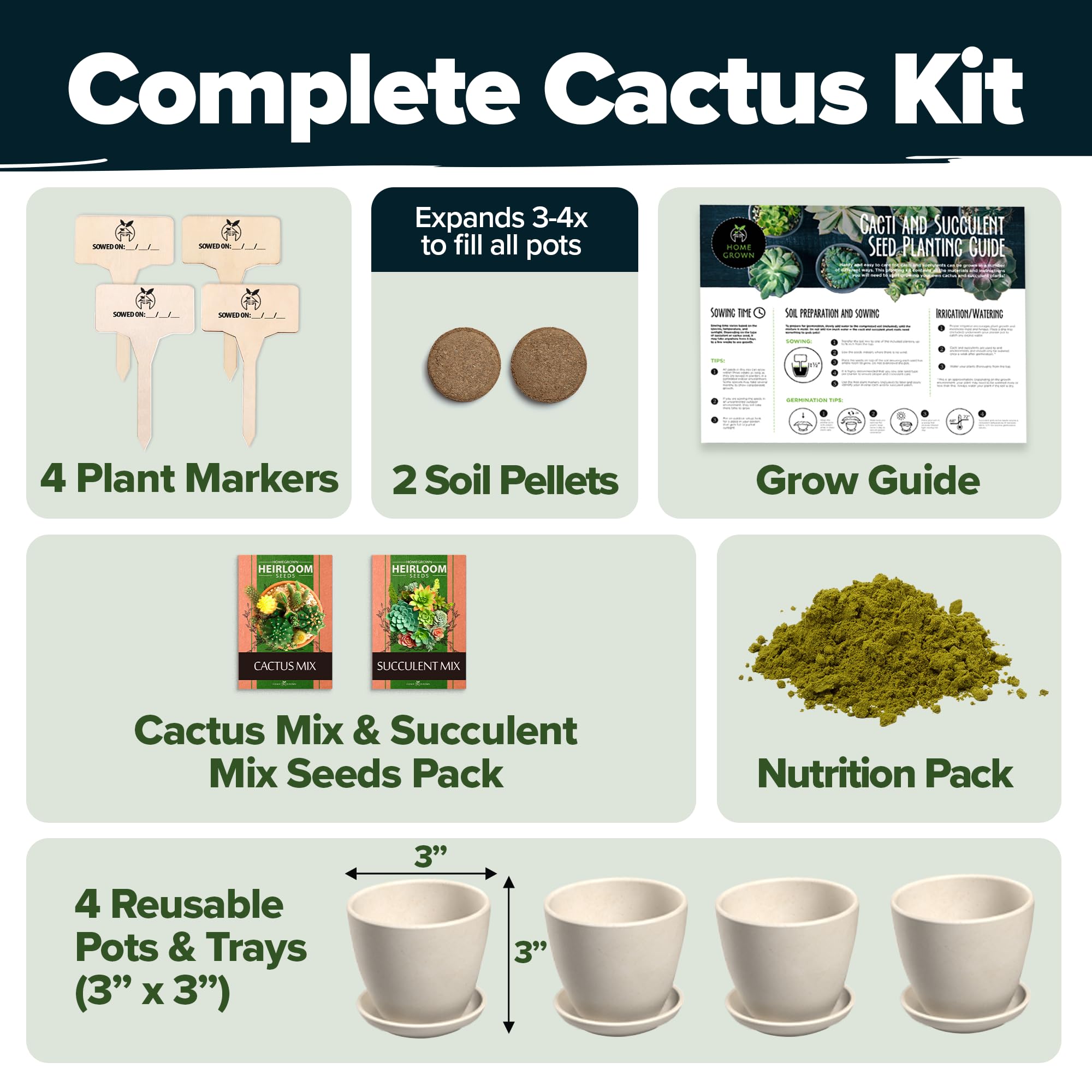 Amazon.com: HOME GROWN Succulent & Cactus Seed Kit for Planting   [Enthusiasts Favorites] Premium Cactus & Succulent Starter Kit: 4 Planters,  Drip Trays, Markers, Seeds Mix, Soil - DIY Gift Kits :