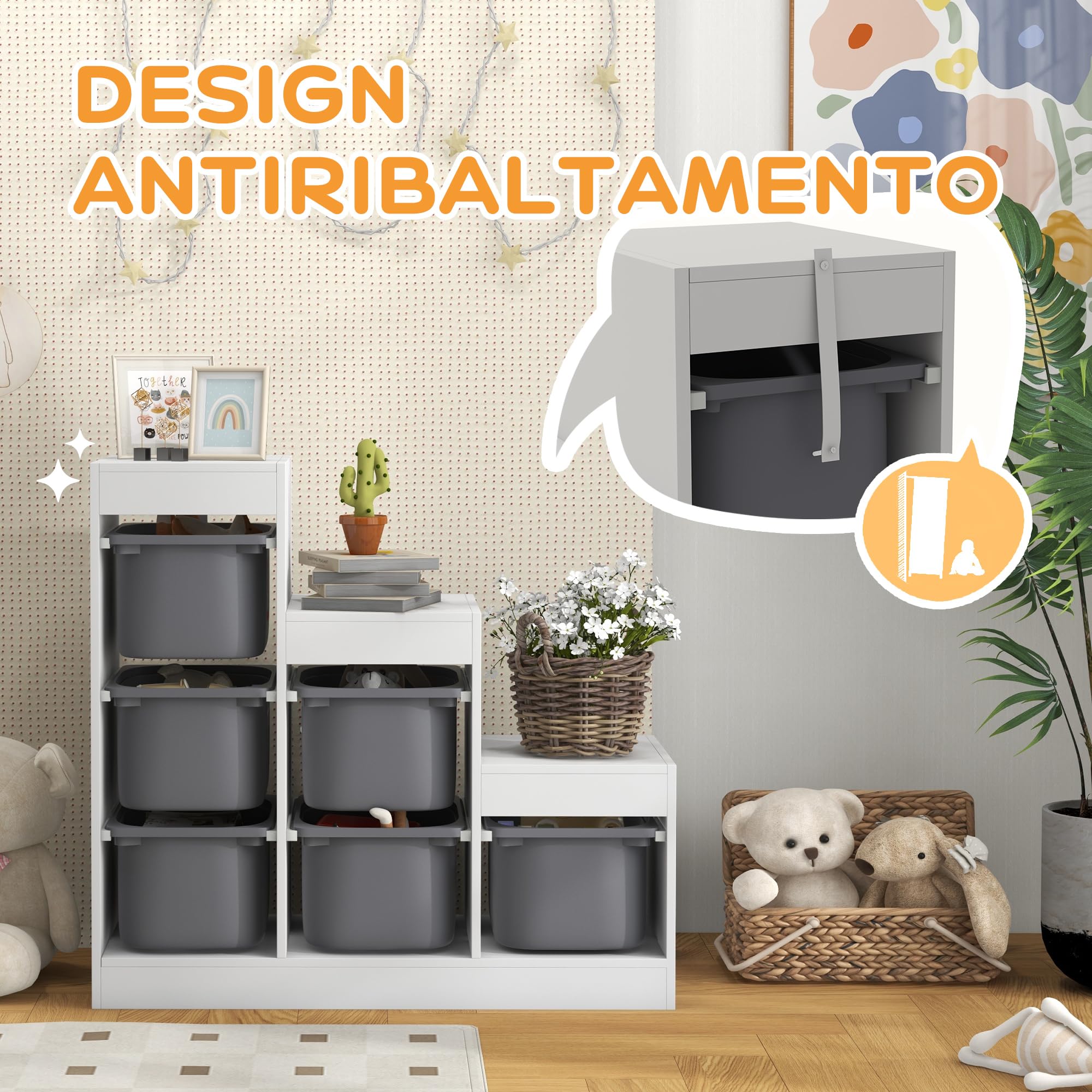AIYAPLAY Scaffale Portagiochi Multilivello con 6 Contenitori, Mobile per Cameretta a 3 Livelli per Bambini da 3-8 Anni, 96x38.5x90cm, Grigio