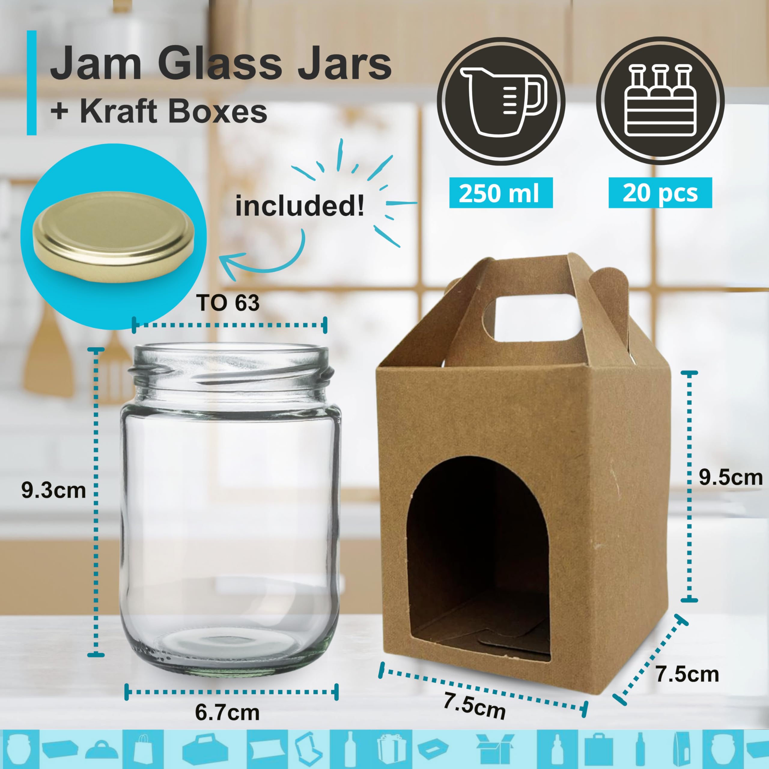 Espirito Rebelde 20 x 250ml leere Glasgläser mit Deckeln mit 20 Karton-Gläsern für 1 Marmeladenglas einschließlich goldenem Schraubdeckel für Marmelade, Konfitüre, Honig
