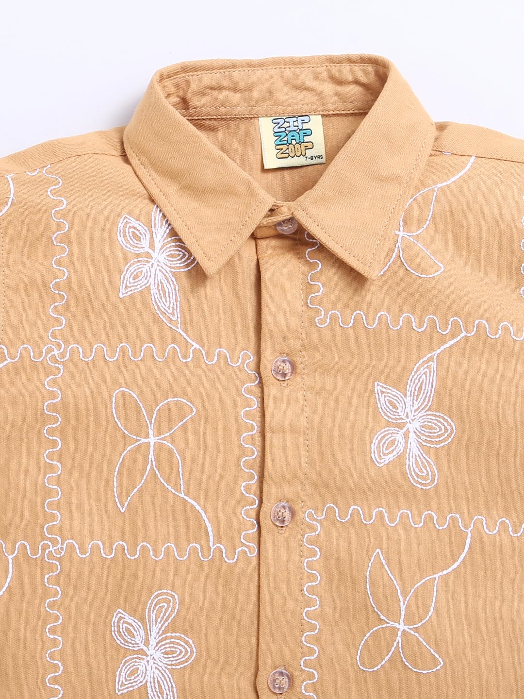 ZIP ZAP ZOOP Light Brown All Over Embroidered Cotton Half Sleeve Collar Neck Boys Shirt | 1-1.5 Years 1