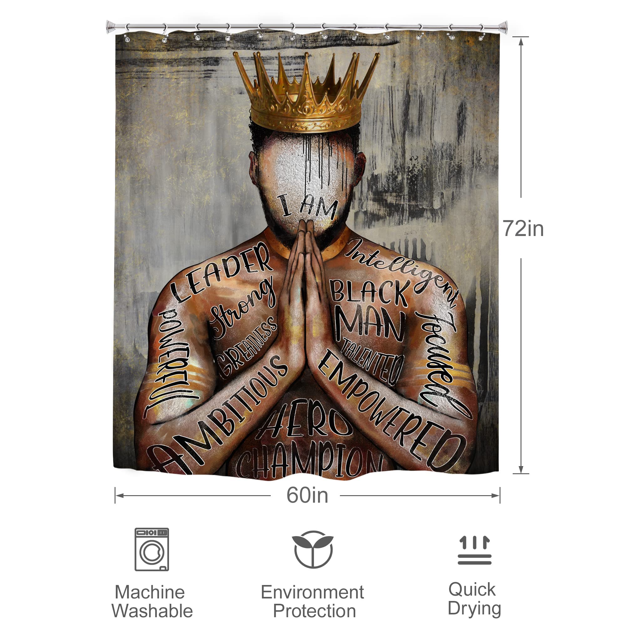 MESHELLY Black King Shower Curtain – African American Inspirational Quotes, Gold On Black, 60x72 Inches, Waterproof Polyester - View #7