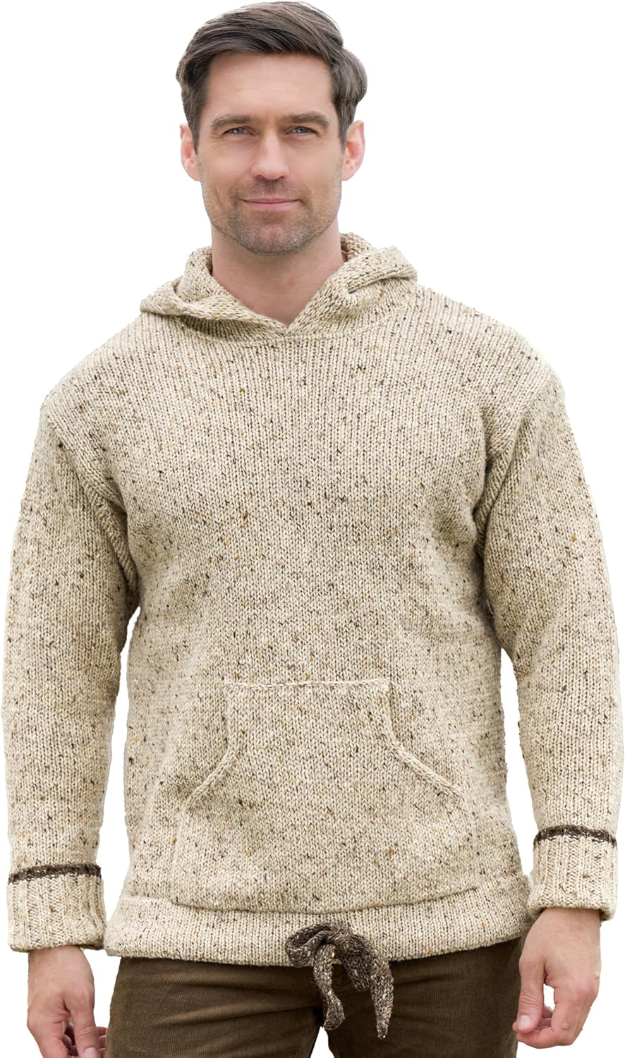 Aran Crafts Irish Mens Kangaroo Pocket Sweater, 100% Donegal Wool (K3084)