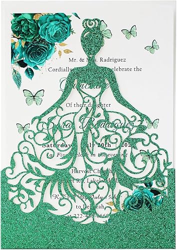 Miniatura 7 de KUCHYNEE Kit de invitaciones de quinceañera de 5.12 x 7.28 pulgadas, 20 unidades de color azul real, con purpurina, corte láser, bolsillo hueco de