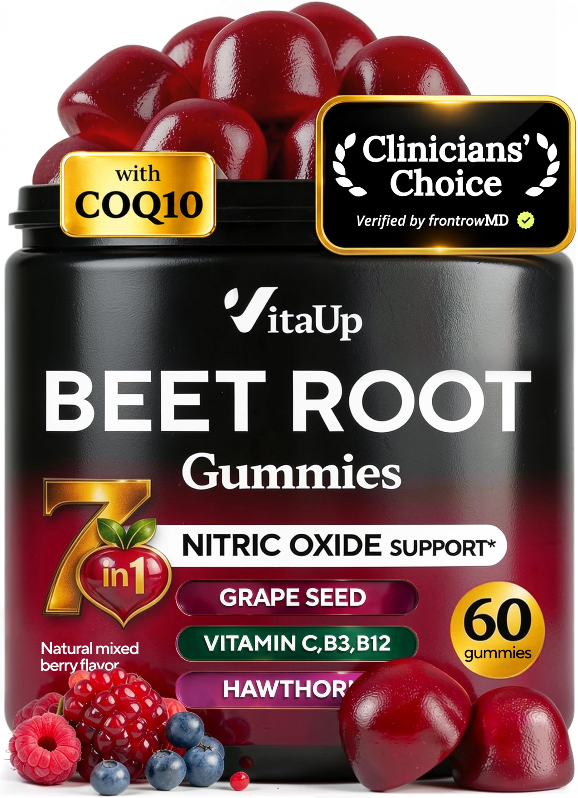 VitaUp 비트 뿌리 젤리 – CoQ10, 포도씨, 비타민 C, B12 및 B3가 함유된 비트 뿌리 보충제 - 순환 지원을 위한 산화질소 젤리 - 에너지 및 면역 지원을 위한 비트 보충제 - 비트 츄 60개