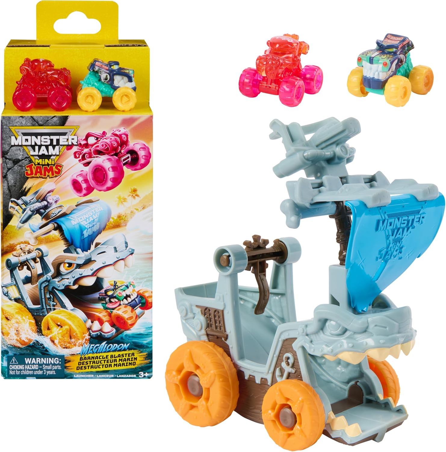 Monster Jam Mini Jams Megalodon Barnacle Blaster Monster Truck Playset | Dual Storage & Toy Truck Launcher, 2 Exclusive Mini Trucks, Octon8er and Grave Digger, Pretend Play Gift for Kids Ages 3+