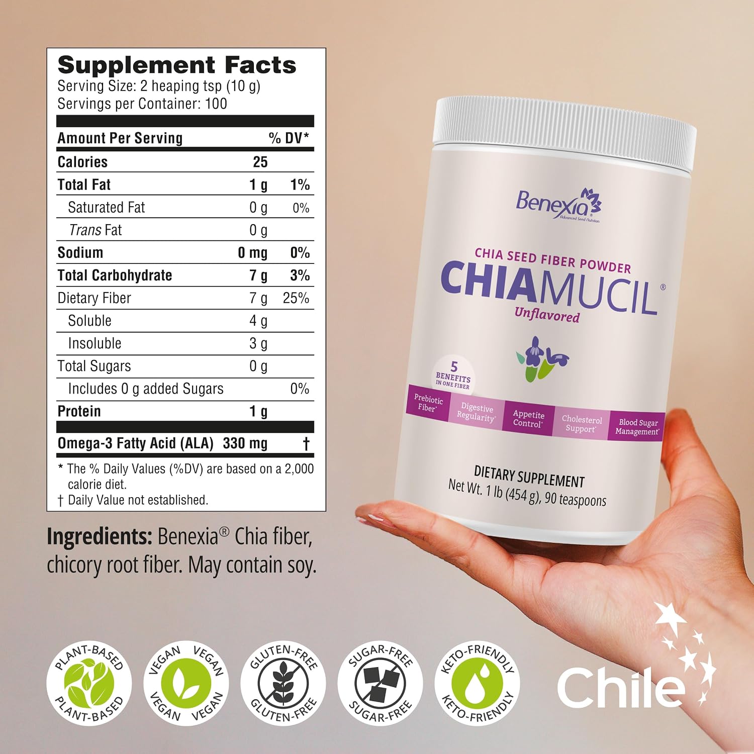 Chiamucil Prebiotic Chia Fiber Supplement Powder – for Appetite Control & Digestive Health – Chia Fiber & Chicory Root (Inulin) – Gluten & Sugar Free, Vegan, Non-GMO, Unflavored - 45 Servings
