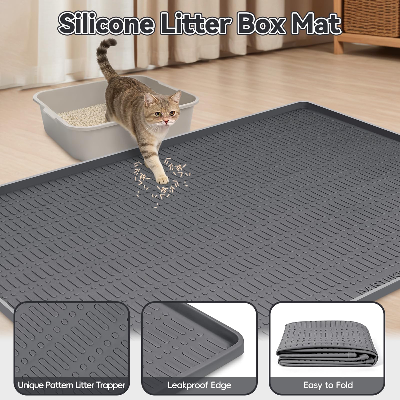 Kalolary Große Katzenstreu-Matte, Silikon-Streuauffangmatte für Katzen, Streu-Kontrolle mit erhöhtem Rand, wasserdichte Silikonunterlage für den Boden, leicht zu reinigen (Dunkelgrau)