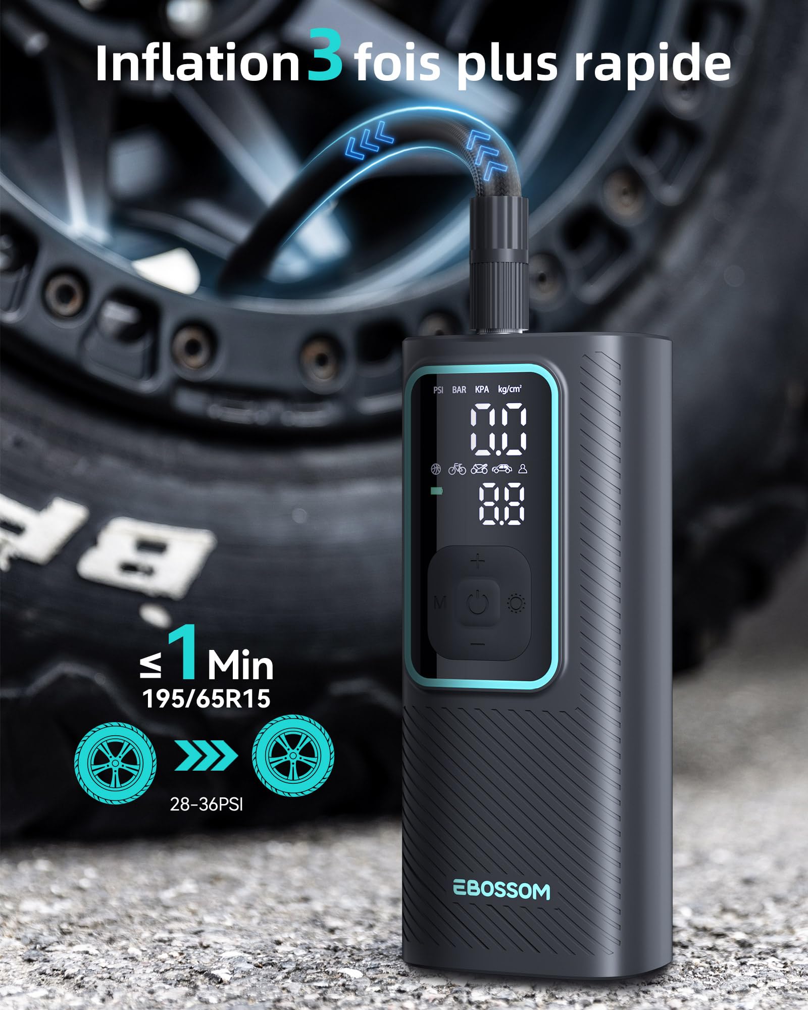Compresseur À Air Portatif 10,3Bar, Gonfleur Pneus Voiture Mini,Pompe À Velo Électrique Gonflage Rapide,Gonfleur Pneu Sans Fil avec Batterie 6000mAh & 12V DC par allume-cigare,LED et Arrêt Automatique