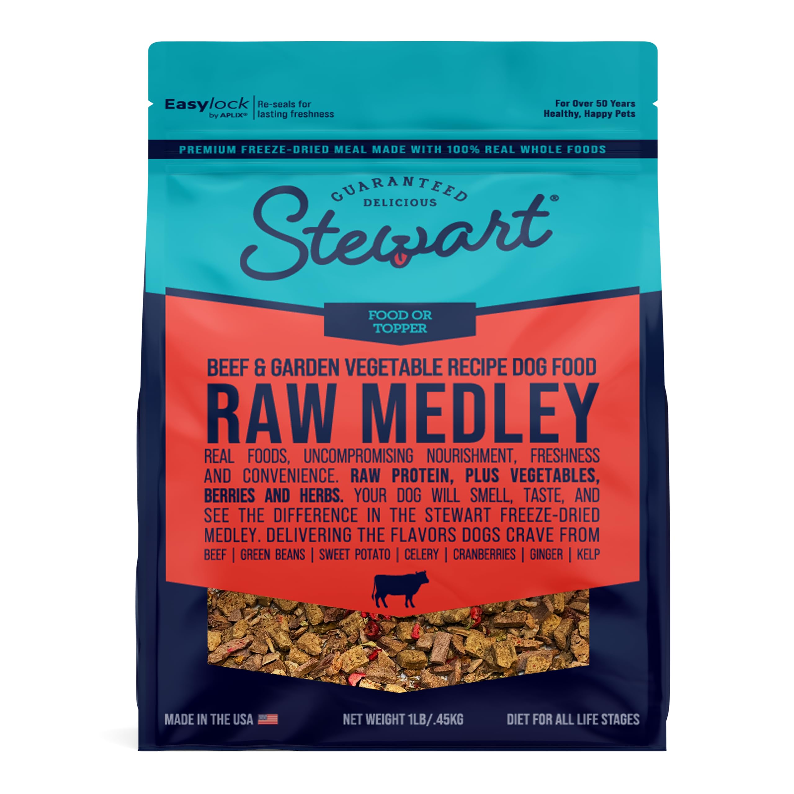 Stewart Raw Medley Freeze Dried Raw Dog Food or Meal Topper, Beef & Garden Vegetable Recipe, 1 Pound Bag, Made with Real Whole Foods