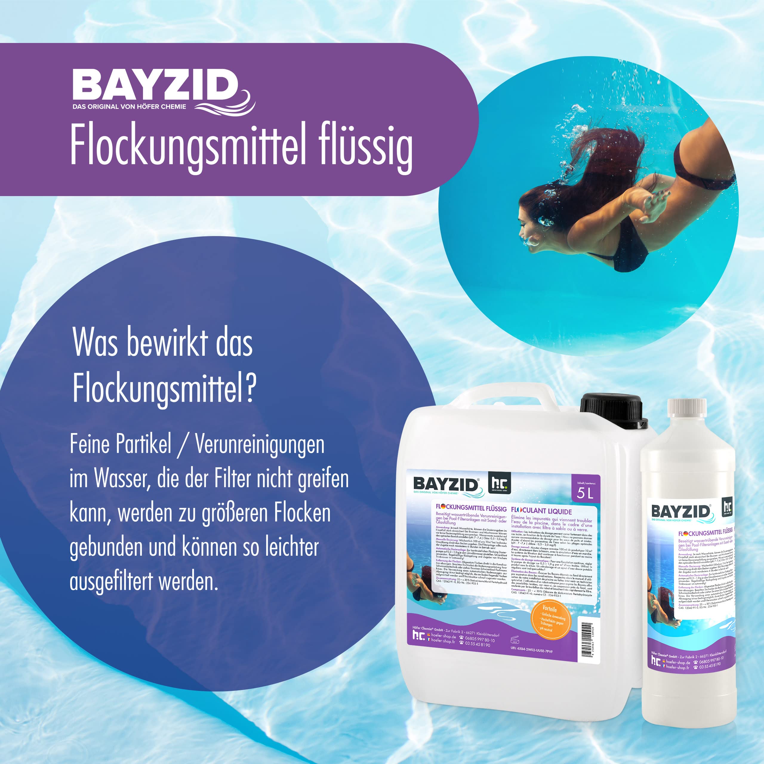 Höfer Chemie 20 L Pool Flockungsmittel flüssig BAYZID kristallklares Poolwasser - einfache Anwendung + hocheffektive Wirkung gegen Trübungen