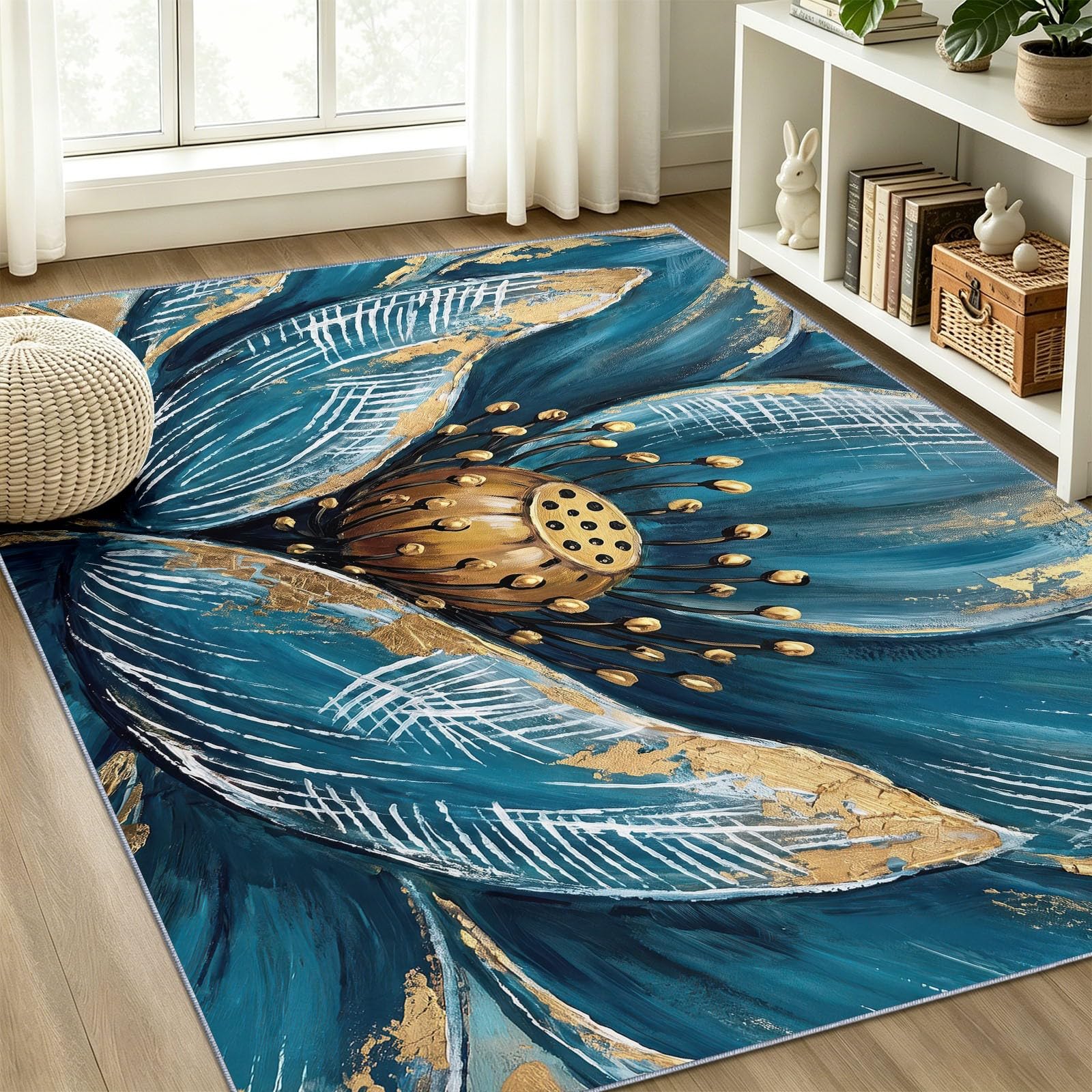 Tappeto per soggiorno antiscivolo, 140 x 200 cm, blu, oro, lavabile, per camera da letto, con fiori stilizzati, moderno, a pelo corto, per camera da letto