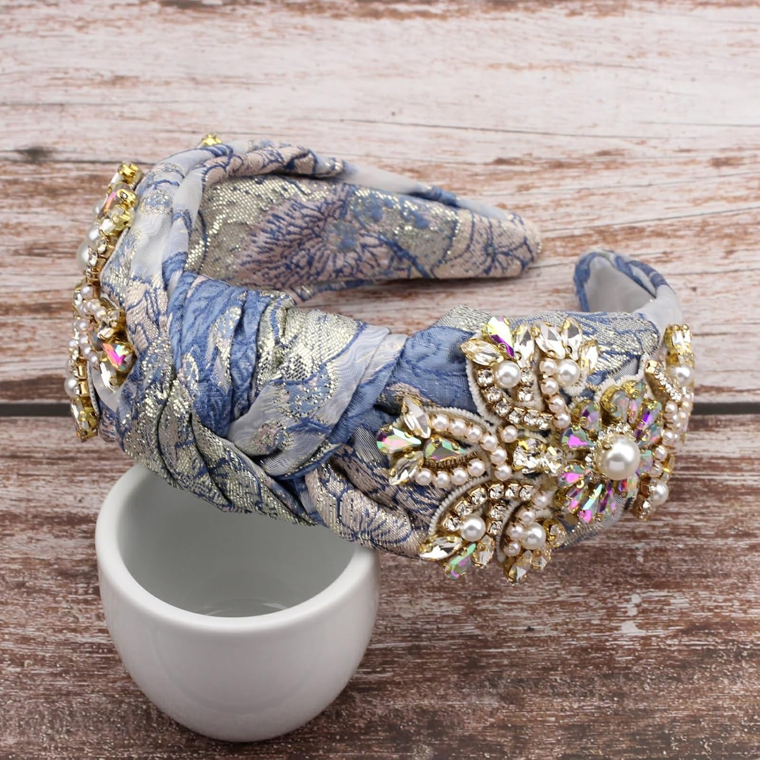 Knotted Crystal Flower Headband for Women Embroidered Rhinestone Floral Luxury Pearl Bead Wide Vintage Hairband Hair Accessories (H1121-blue)
