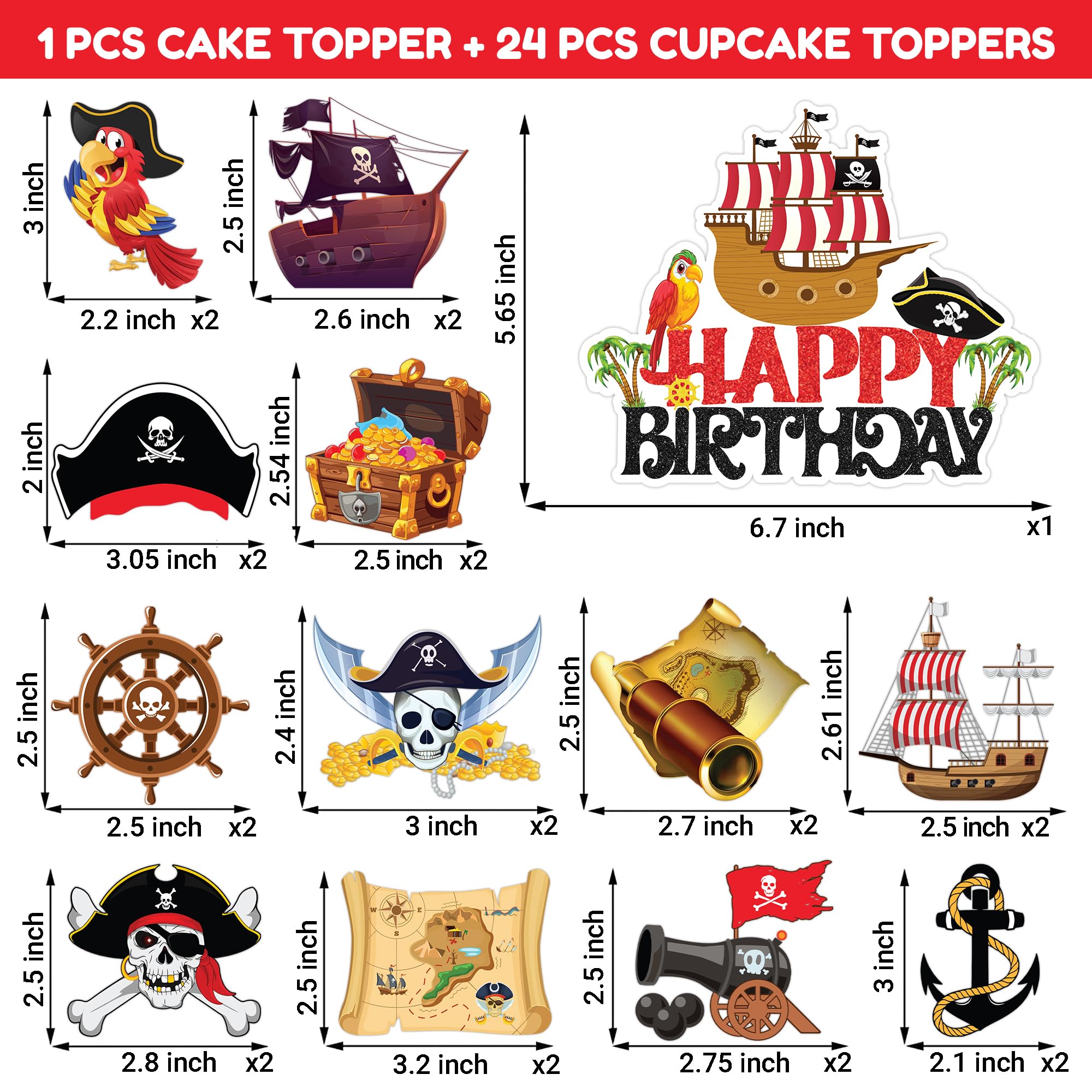Pirate Cake Topper Picks, 25 PCS Pirate Nautical Cupcake Toppers Cake Decorations Mermaids Treasure Theme Birthday Party Supplies Favors Decor Ship Centerpiece Table for Boys Girls Carnival Rewards