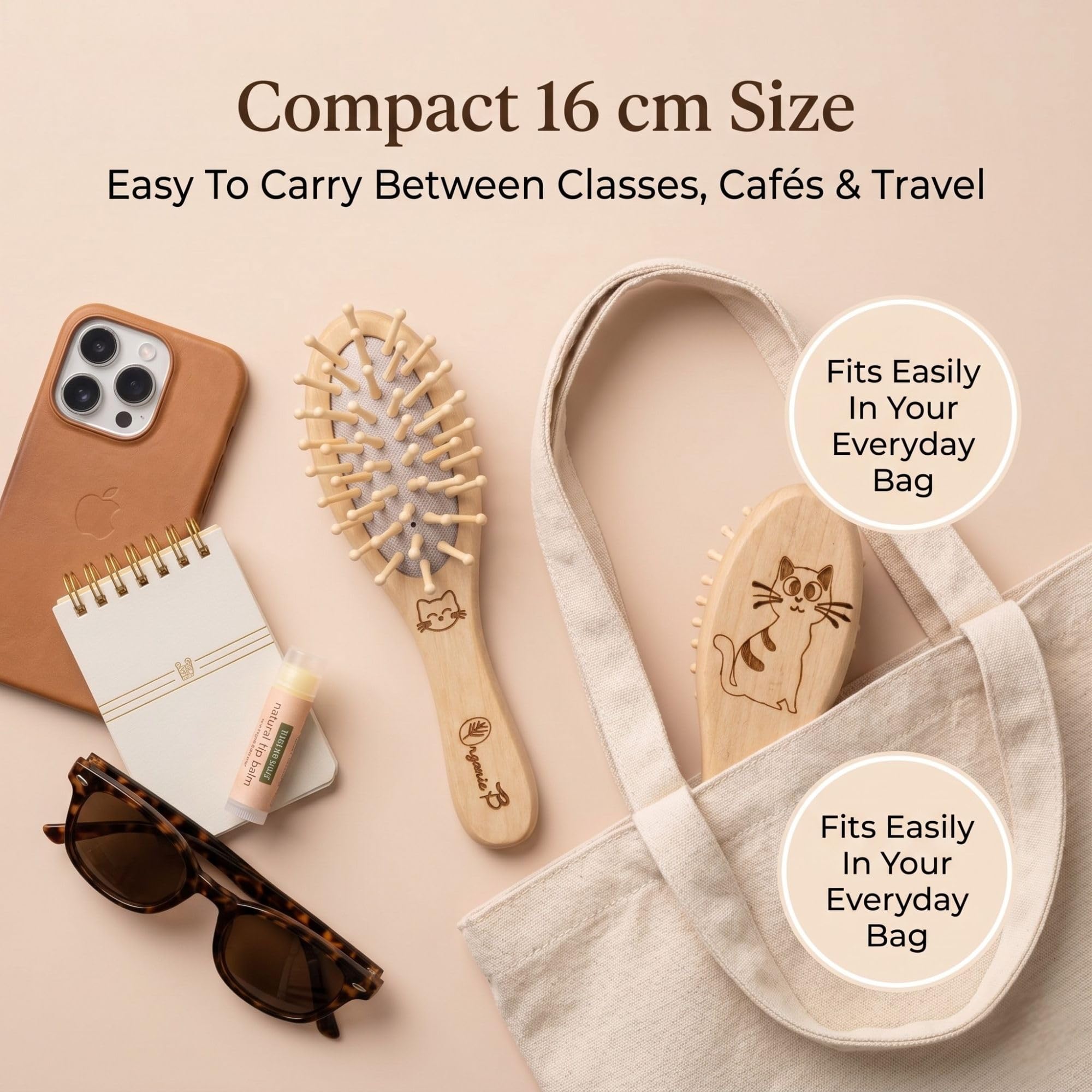 Organic B Cute Mini Wooden Hair Brush for Girls, Teens & Women, Compact Travel Hair Brush with Wooden Massage Pins, Detangling Paddle Hairbrush for Thick, Curly, Straight & Long Hair, Purse & Backpack Friendly 1