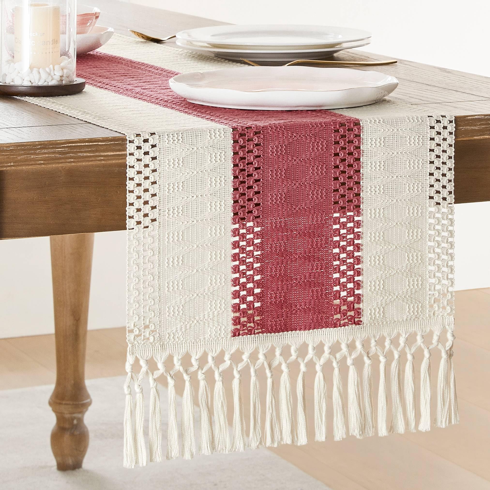 ZeeMart Macrame Style Bicolor Stitching Table Runner, 14 x 108 Inch Dusty Rose/Ivory, Boho Pink Table Runners 108 Inches Long, Farmhouse Woven Home