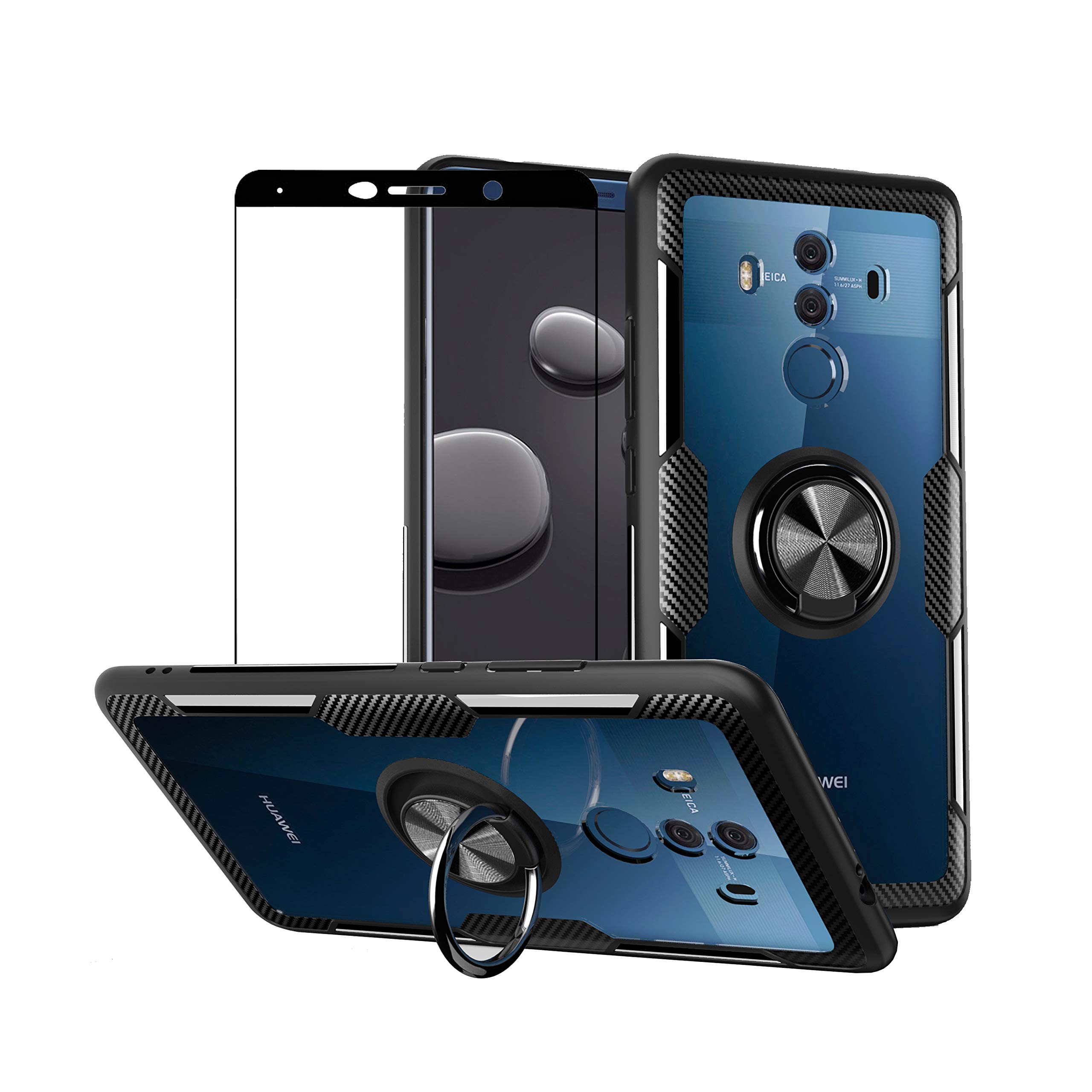 2ndSPringCase for Huawei Mate 10 Pro with Tempered Glass,Slim Silicone Soft TPU Bumper Hard Transparent Back Cover Shell with Metal Ring Magnetic Kickstand,Black