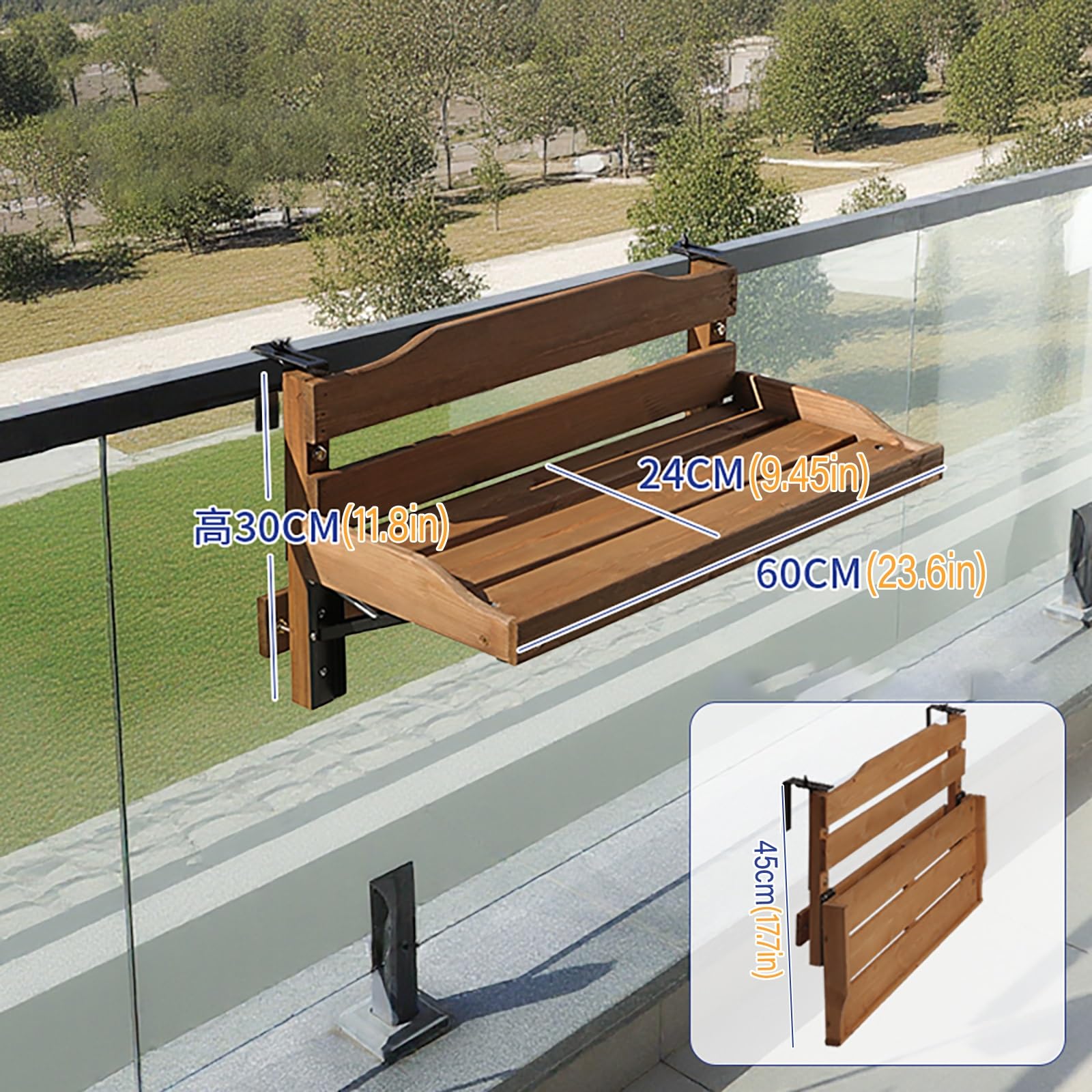 Regulowany składany stolik balustradowy na balkon, oszczędność miejsca, patio, stolik barowy, zewnętrzny stolik pomocniczy na taras i ogród, 60 cm, przenośny składany stół