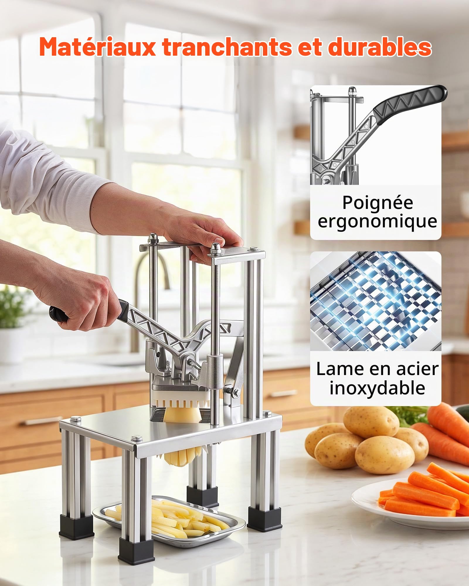 VEVOR Coupe Frites Manuel, Coupe Légumes en Bâtonnets Professionnel, pour Pomme de Terre Fruits Cuisine Restaurant, 4 Couteaux de Rechange en Inox 6 mm 9 mm Coupe-pomme et Vide-pomme 6 Quartiers